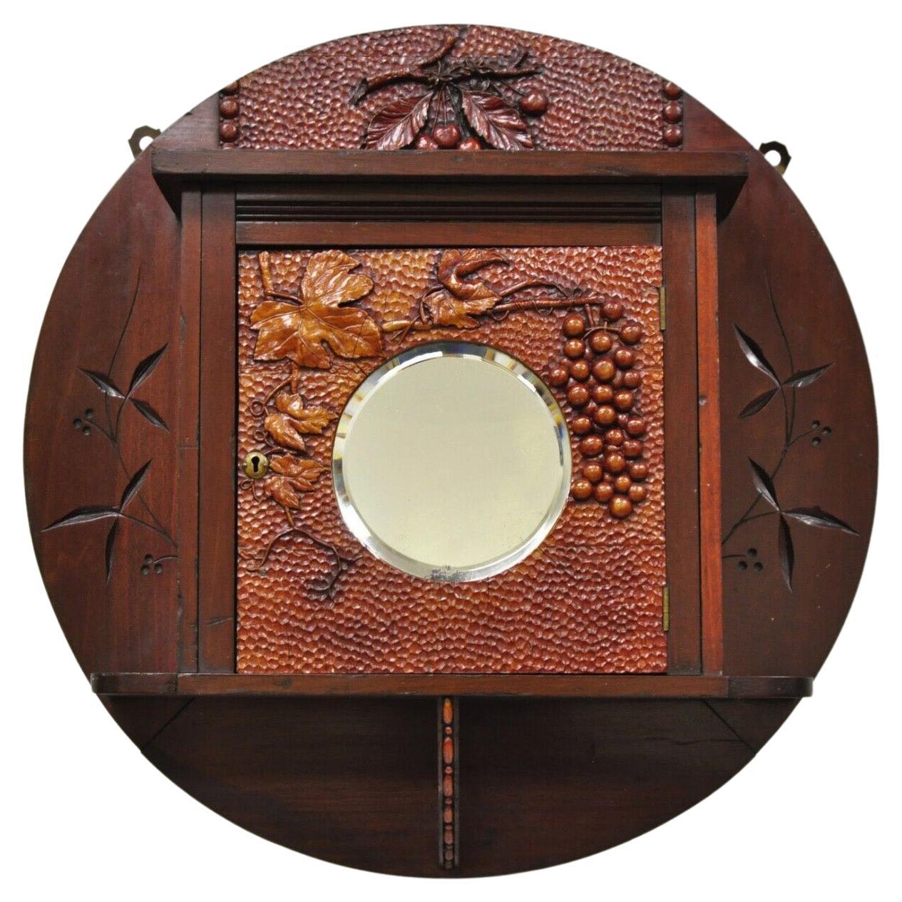 Antique Victorian Black Forest Carved Round Wall Mirror Curio Cabinet For Sale