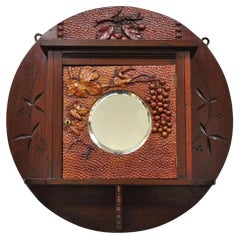 Antique Victorian Black Forest Carved Round Wall Mirror Curio Cabinet
