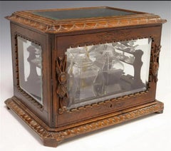 Antique Victorian Black Forest Carved Wood & Glass Cave a Liqueur Tantalus Box