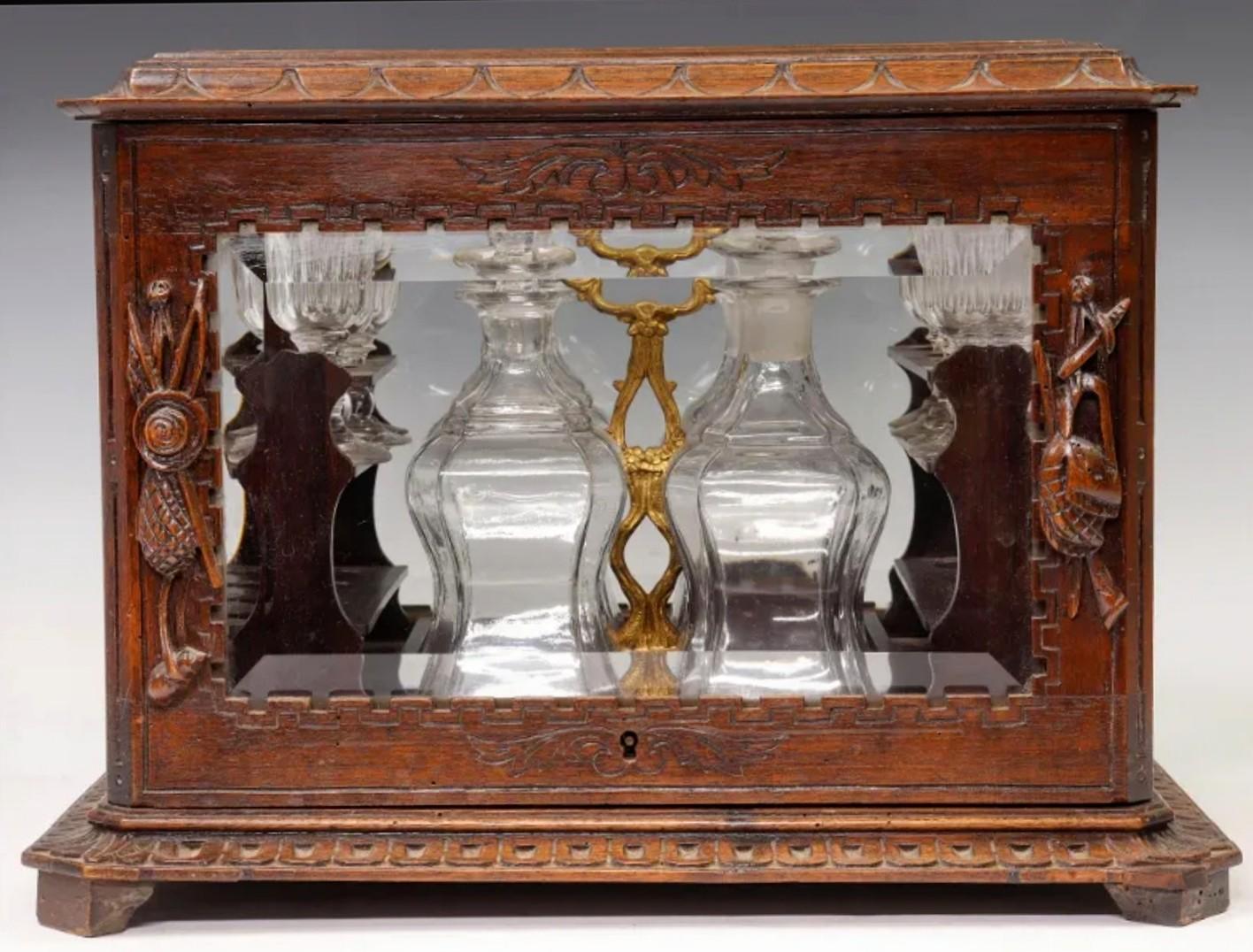 European Antique Victorian Black Forest Carved Wood & Glass Cave a Liqueur Tantalus Box  For Sale