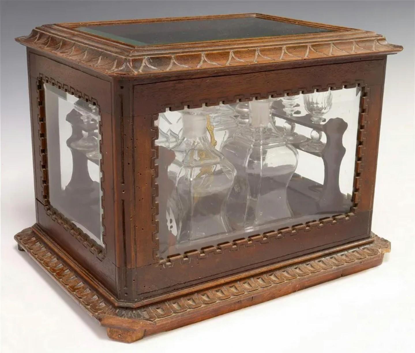 Hand-Carved Antique Victorian Black Forest Carved Wood & Glass Cave a Liqueur Tantalus Box  For Sale