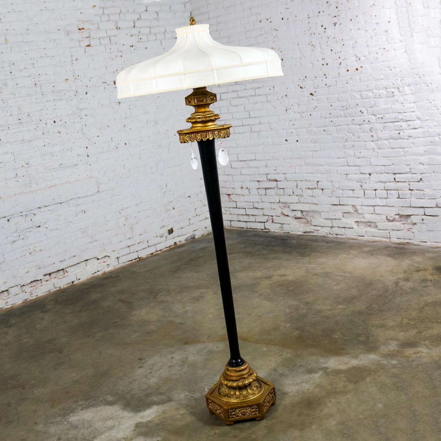 Antique Victorian Black & Gilt Floor Lamp by Max Ray Handmade Shade w/ Teardrops For Sale 4