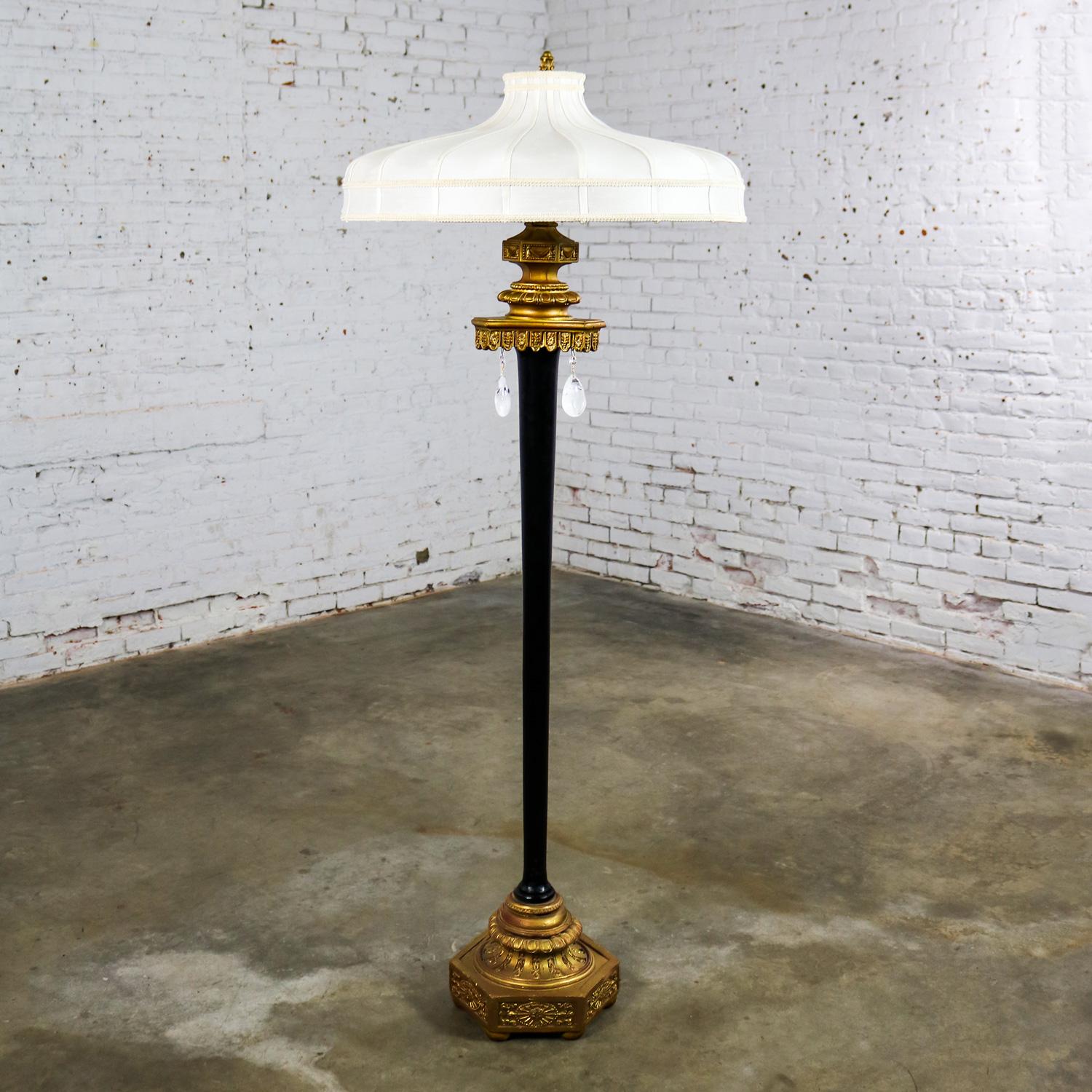 Antique Victorian Black & Gilt Floor Lamp by Max Ray Handmade Shade w/ Teardrops For Sale 6