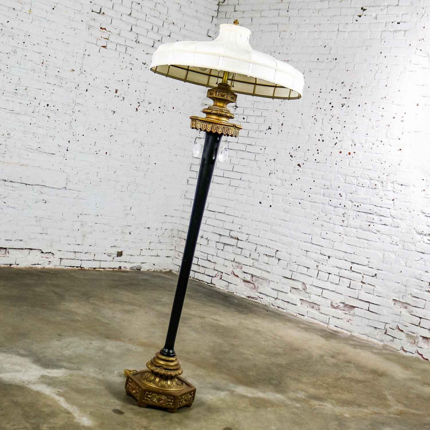 Gorgeous large antique Victorian floor lamp by Max Ray comprised of black wood shaft and gilt plaster gesso base and capital with handmade silk-like shade and contemporary teardrop pendants. Beautiful condition, keeping in mind that this is vintage