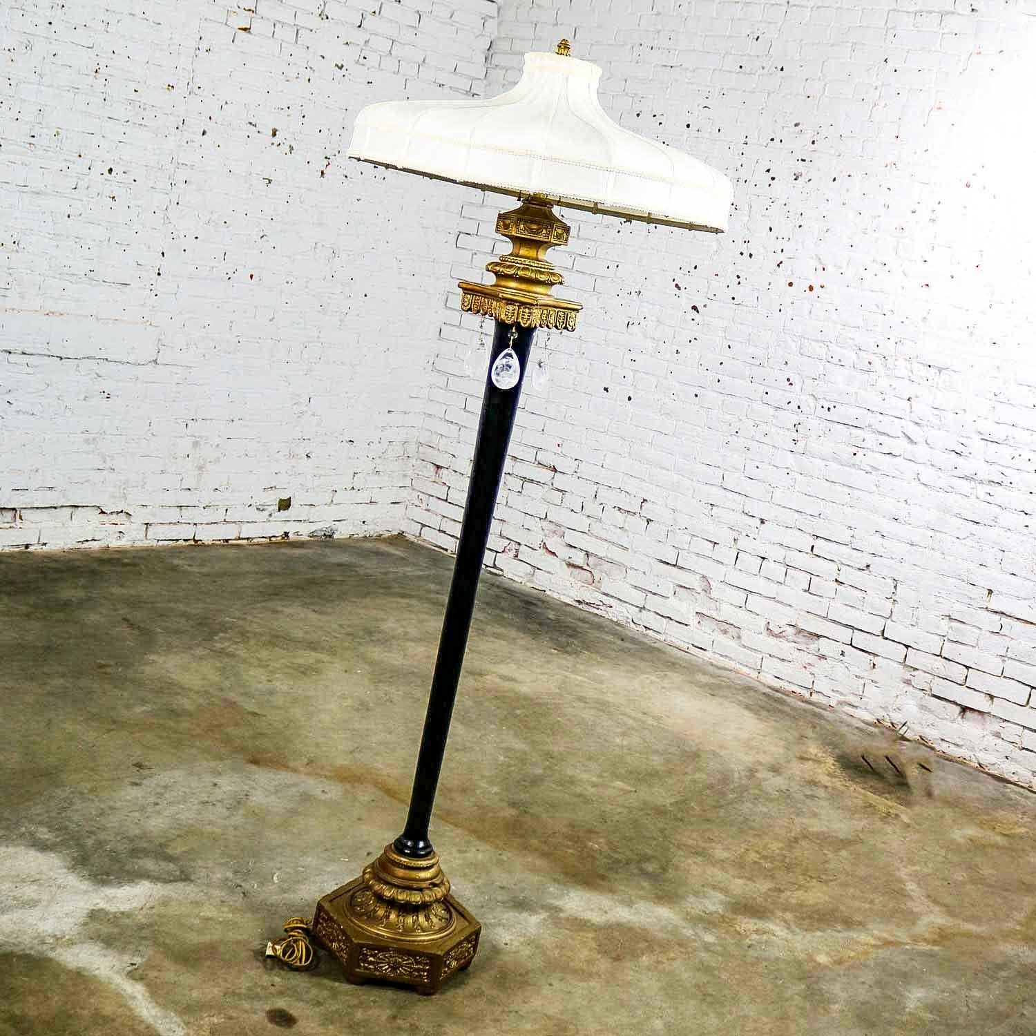 Unknown Antique Victorian Black & Gilt Floor Lamp by Max Ray Handmade Shade w/ Teardrops For Sale