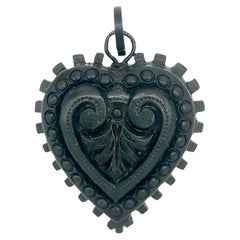 Antique Victorian Black Heart Pendant Pressed Wood Metal