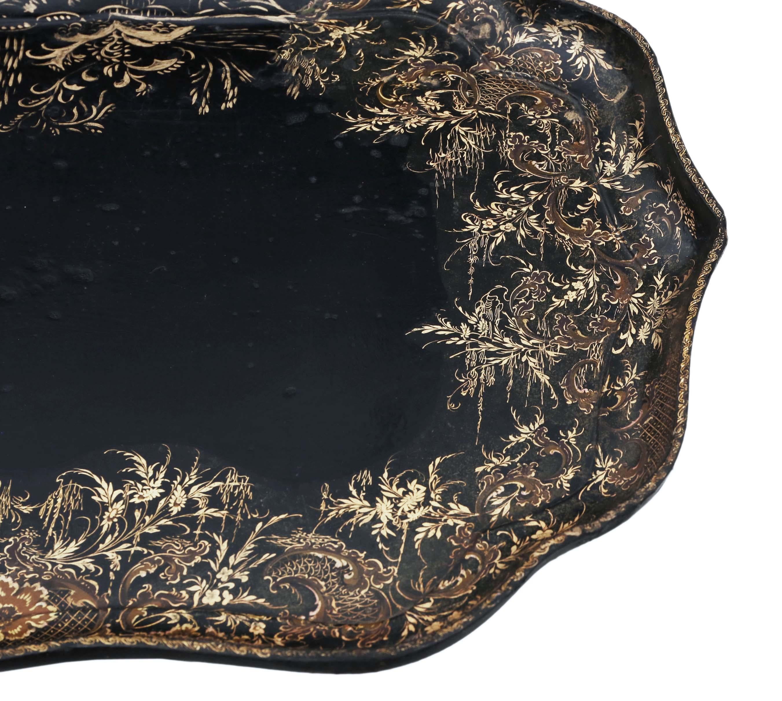 Antique Victorian C1880 black lacquer papier-mâché tray.

This is a lovely tray, that is full of age, charm and character.

Stamped Clay, King Street, Covent Garden.

No woodworm.

Would look amazing in the right location!

Overall maximum