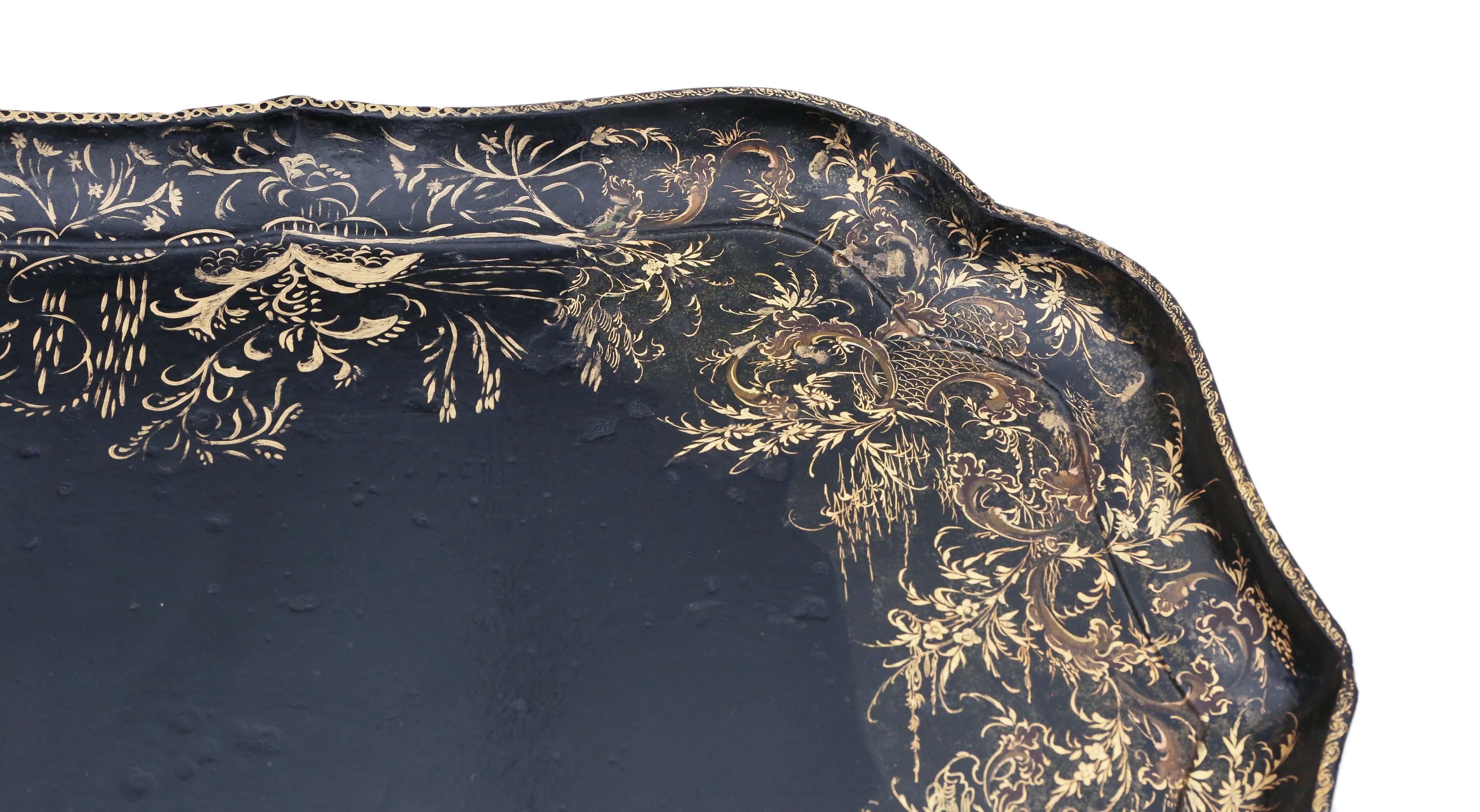 Antique Victorian Black Lacquer Papier-Mâché Tray In Good Condition For Sale In Wisbech, Cambridgeshire