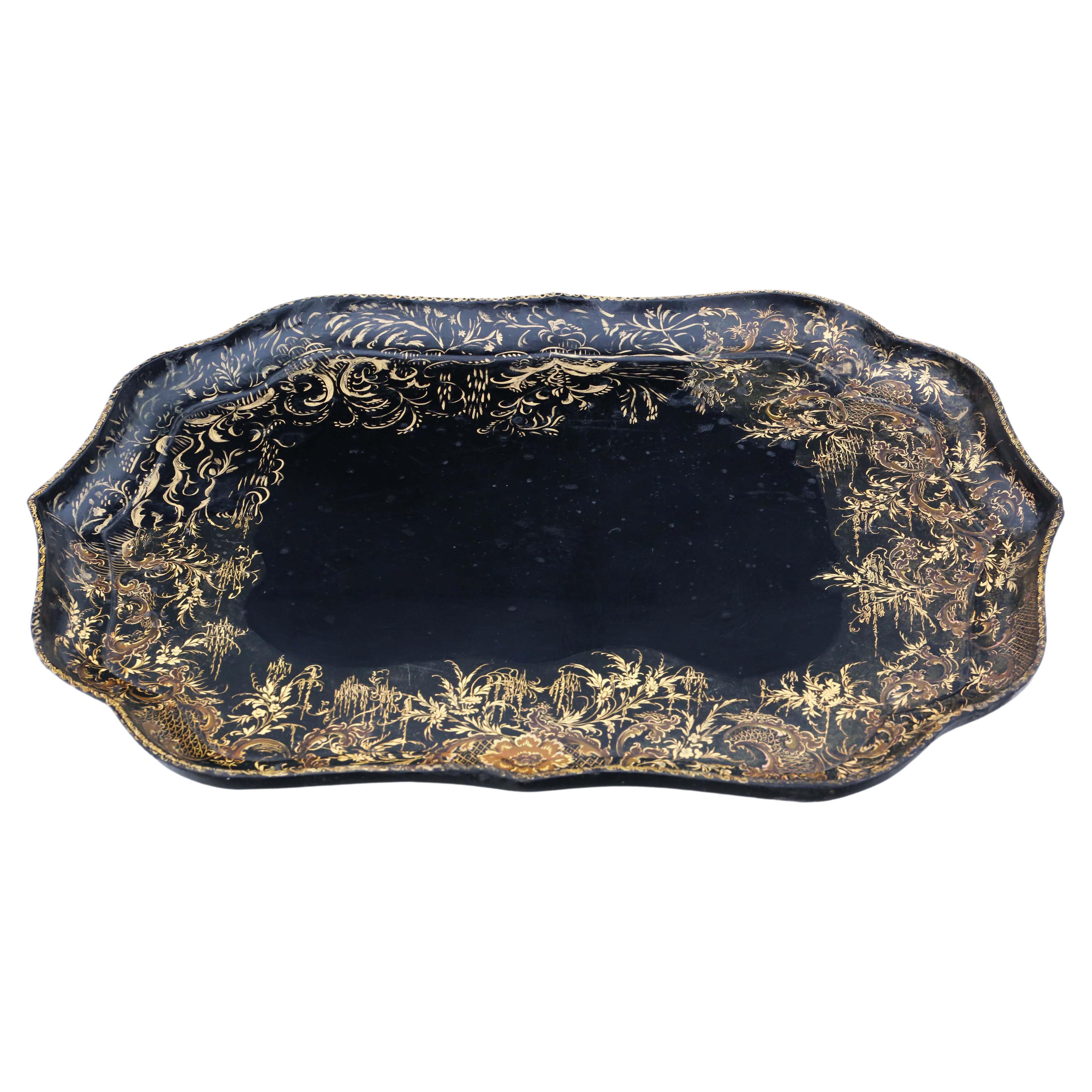 Antique Victorian Black Lacquer Papier-Mâché Tray For Sale