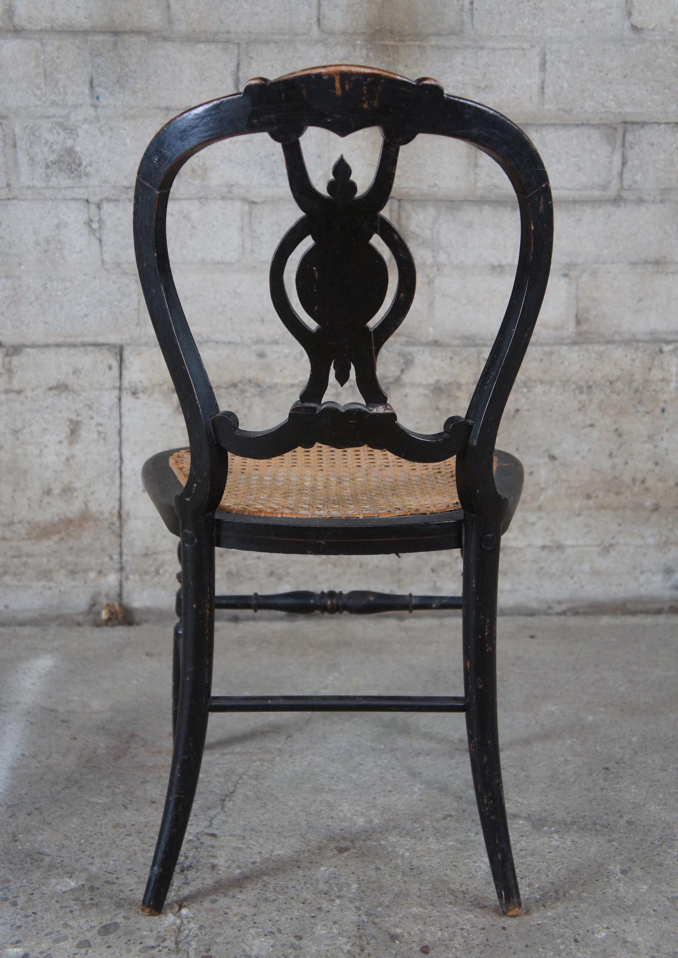 19th Century Antique Victorian Black Lacquer & Stenciled Balloon Back Cane Side Chair Regency