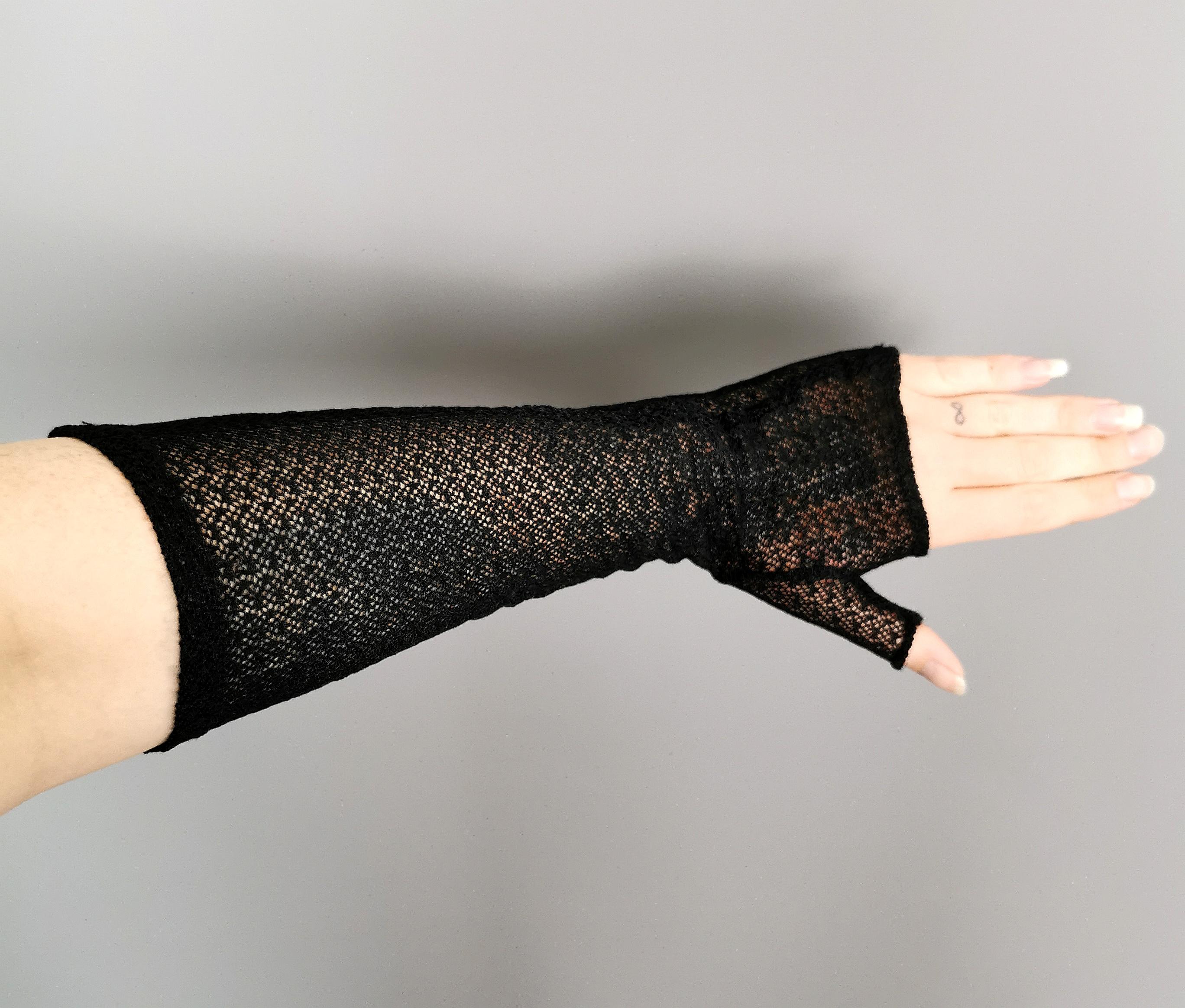 Antique Victorian Black net lace fingerless mittens, gloves  3