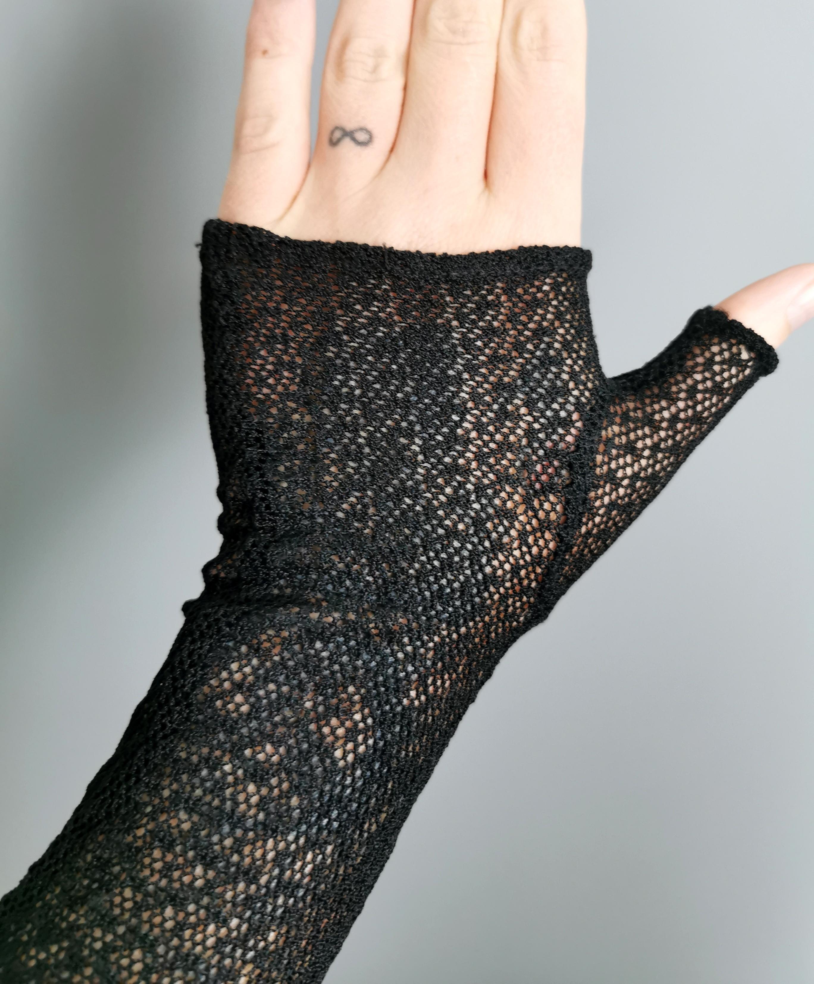 Antique Victorian Black net lace fingerless mittens, gloves  1