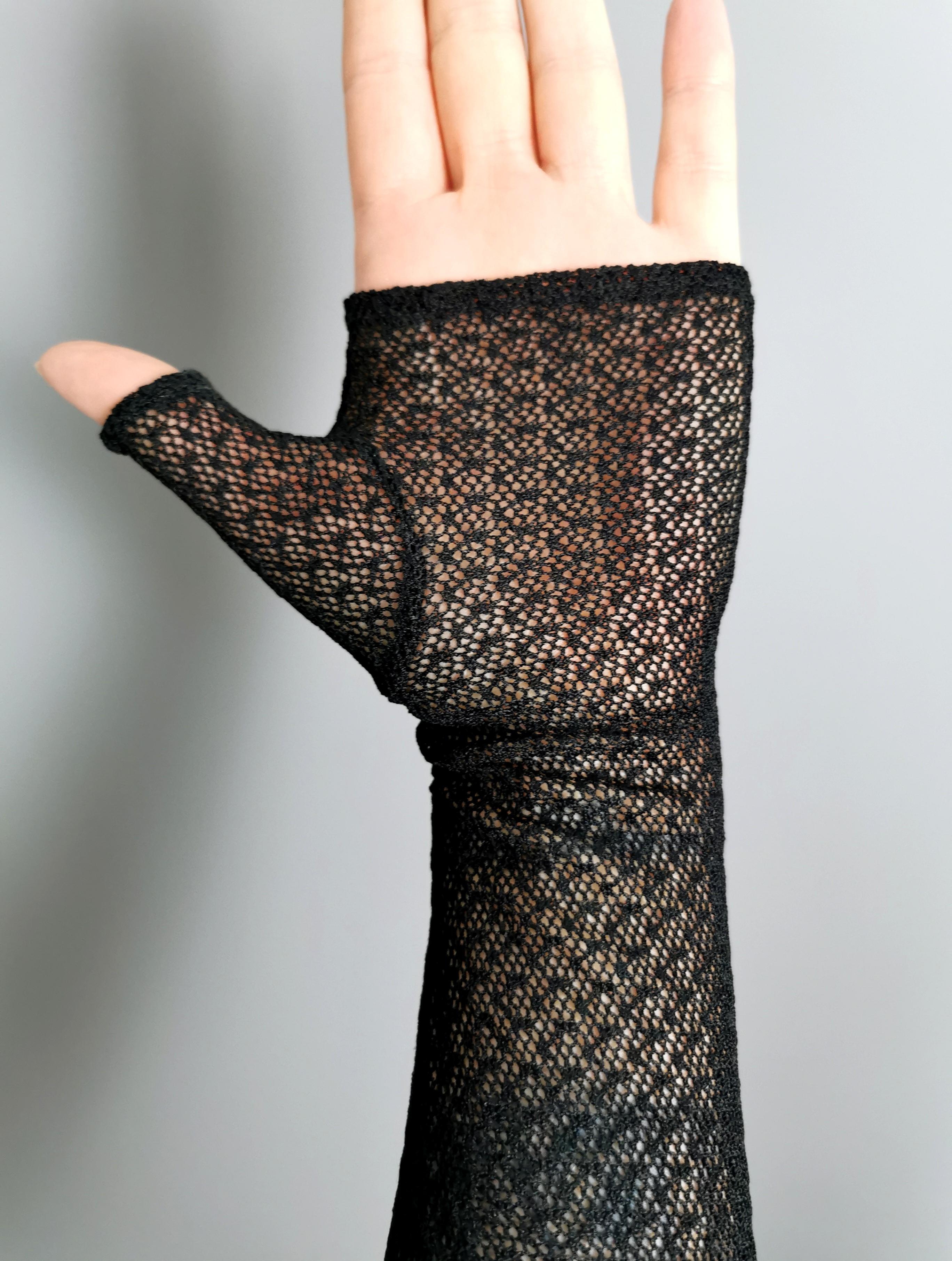 Antique Victorian Black net lace fingerless mittens, gloves  2