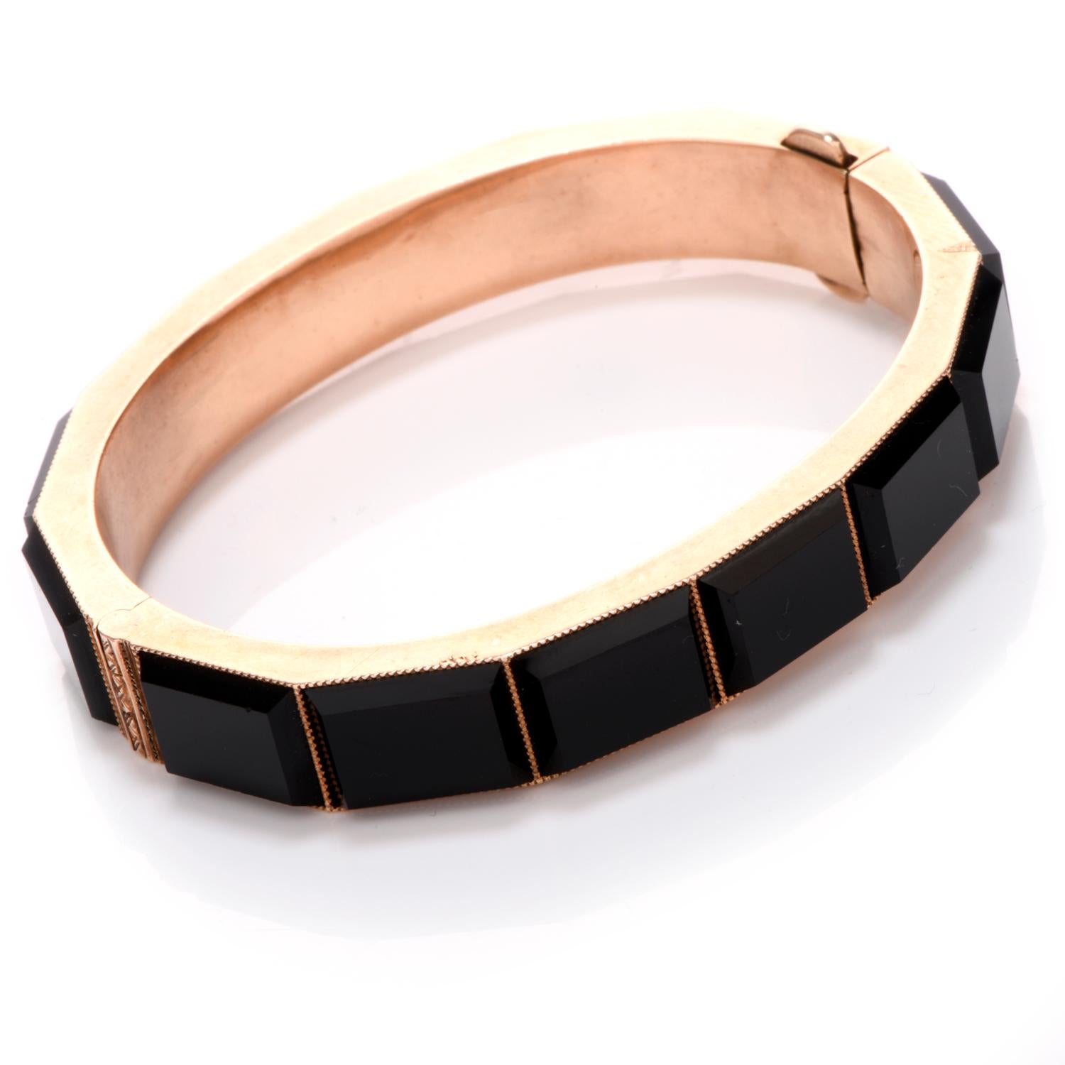 This antique victorian bracelet was inspired by a love of geometric design and crafted in 14K Rose gold.

14 individual sheets of Black Onyx adorn around this geometrically designed bracelet, each measuring approximately 9 x 12mm.

The Onyx is a