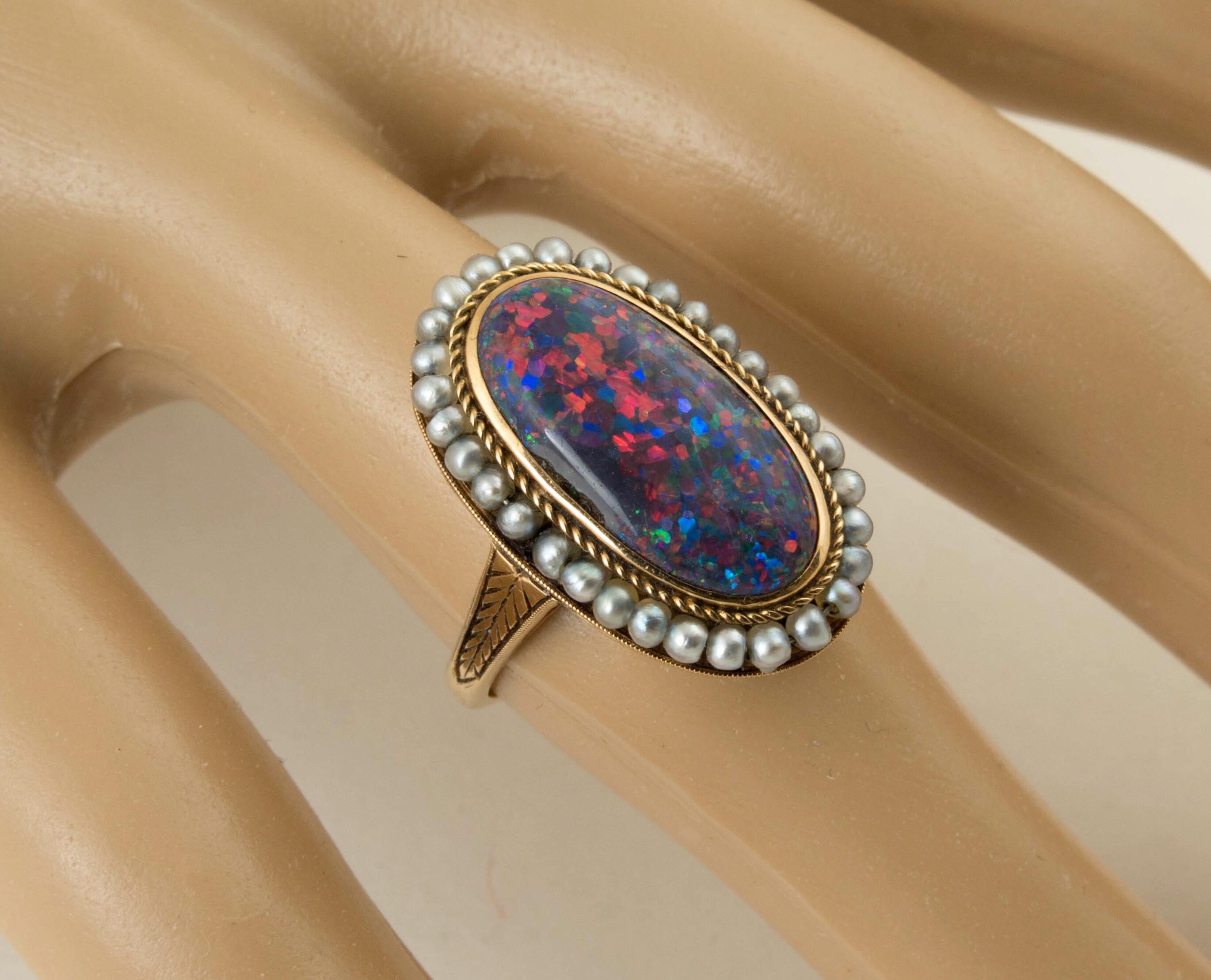 Antique Victorian Black Opal Natural Seed Pearl Gold Ring At 1stDibs 