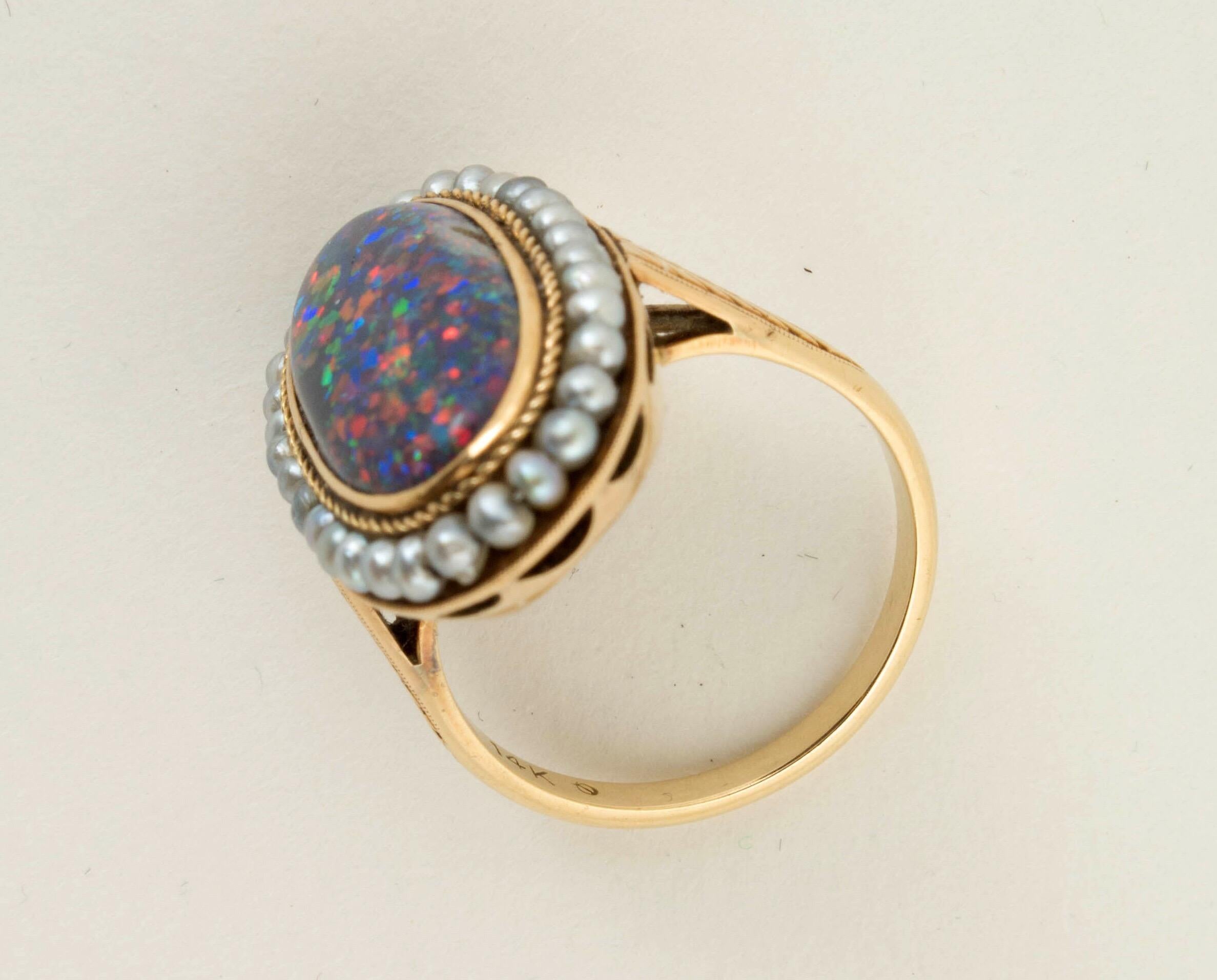 Oval Cut Antique Victorian Black Opal Natural Seed Pearl Gold Ring