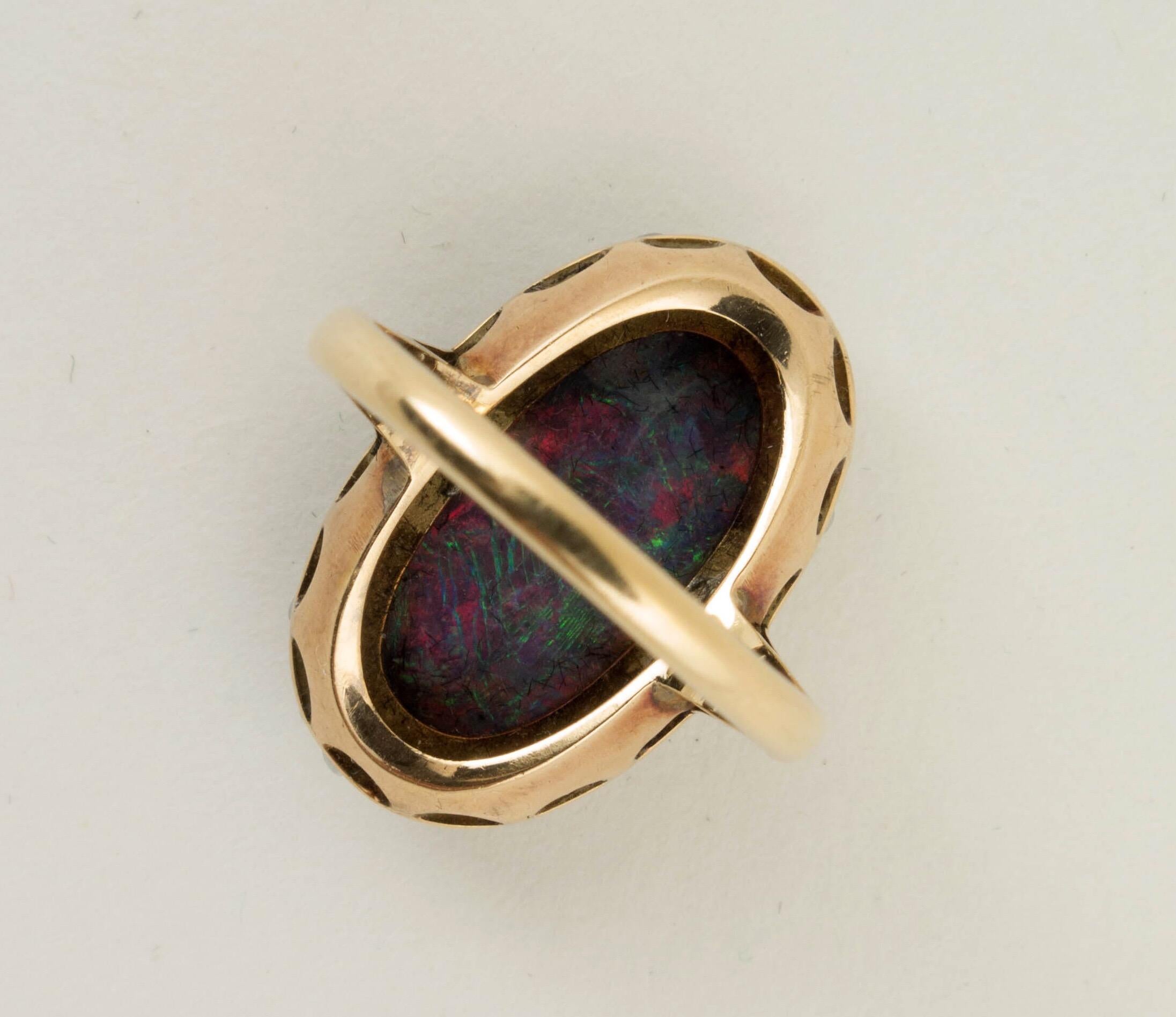 Antique Victorian Black Opal Natural Seed Pearl Gold Ring In Good Condition In Austin, TX