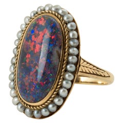 Antique Victorian Black Opal Natural Seed Pearl Gold Ring
