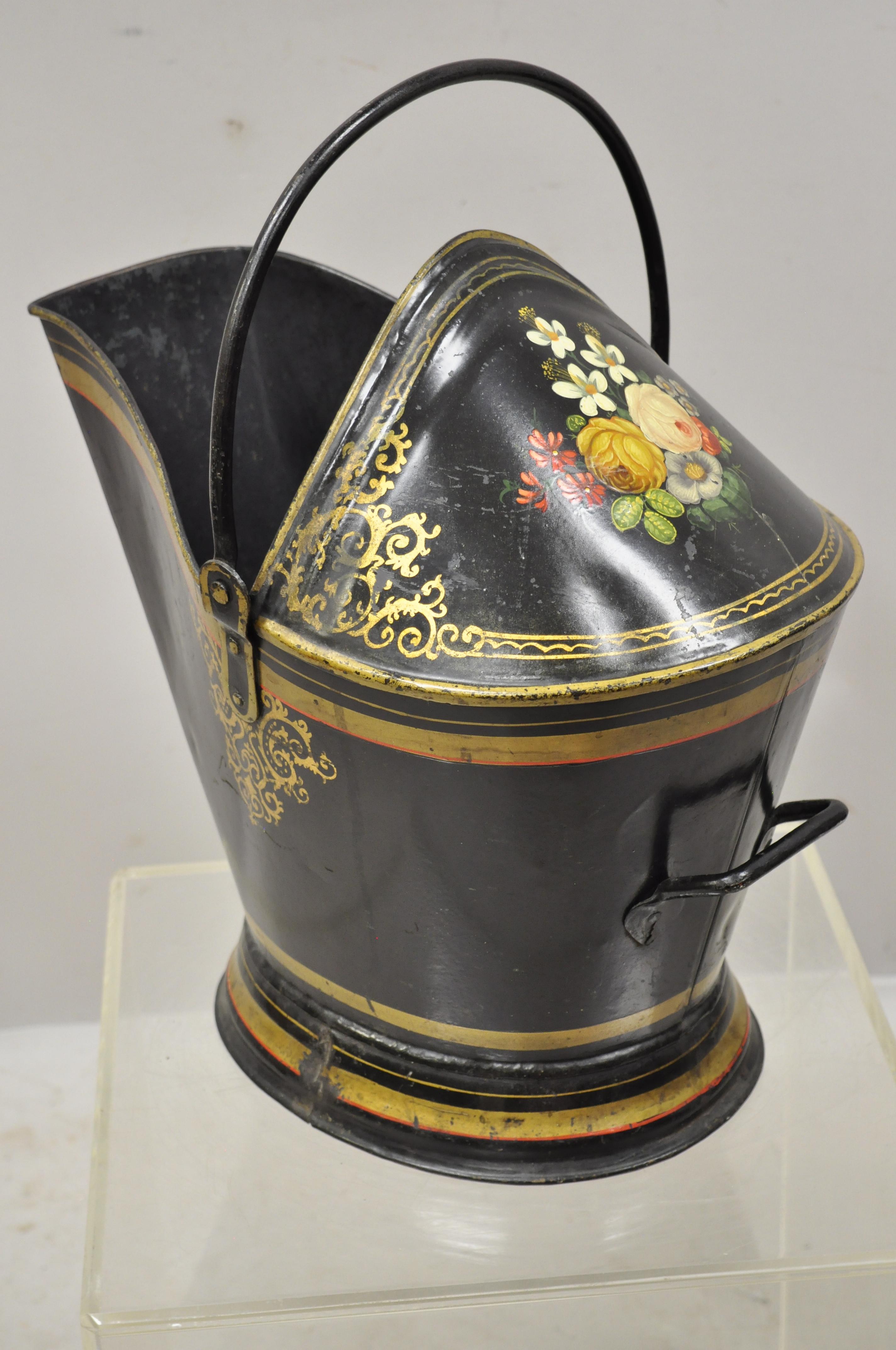 Antique Victorian Black Steel Hand Painted Flower Tole Metal Coal Scuttle Bucket For Sale 6