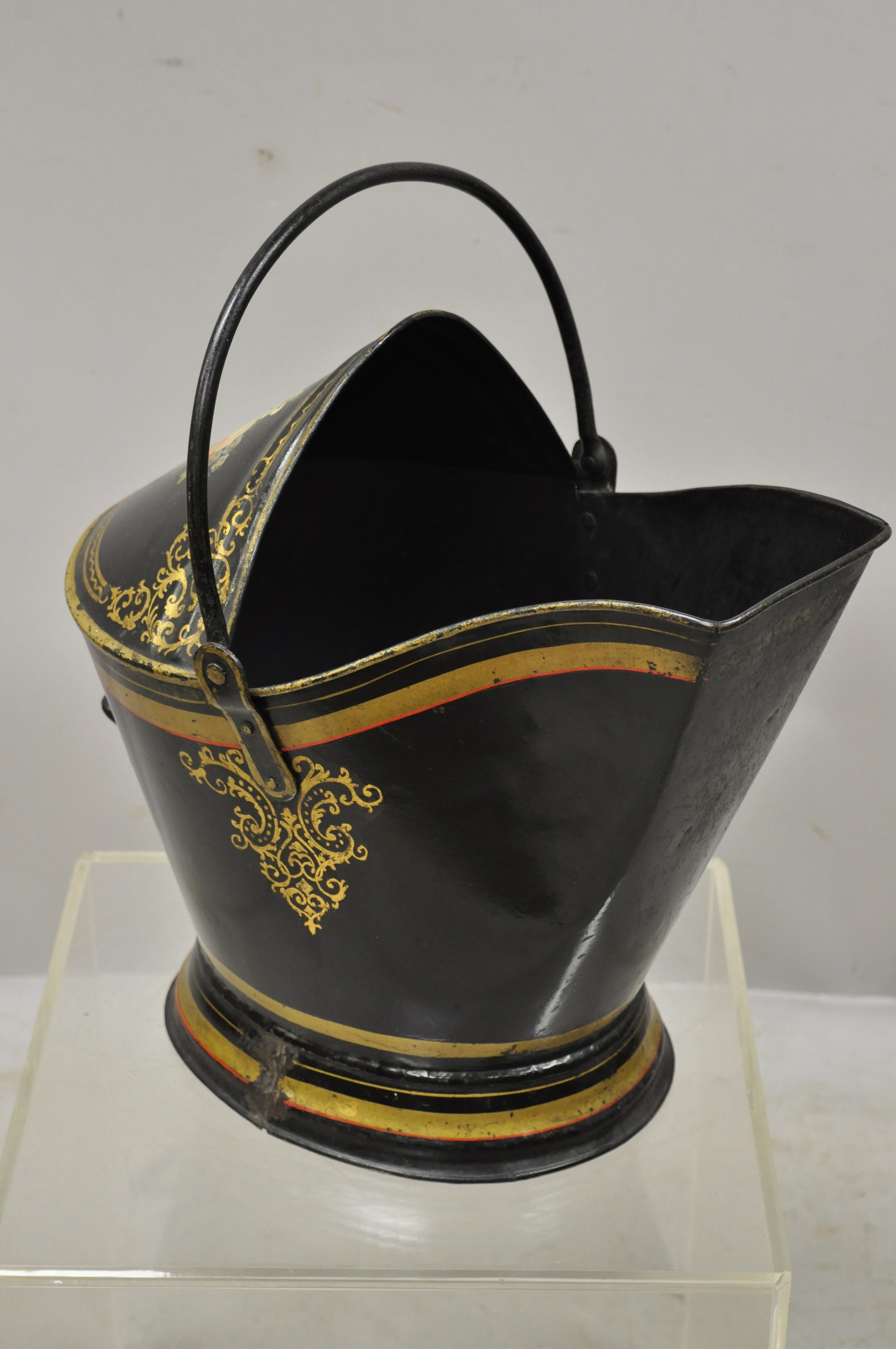 19th Century Antique Victorian Black Steel Hand Painted Flower Tole Metal Coal Scuttle Bucket For Sale