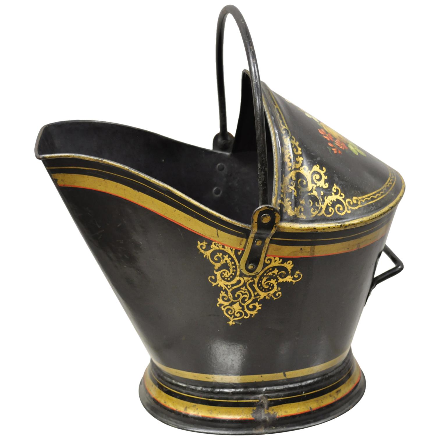 Antique Victorian Black Steel Hand Painted Flower Tole Metal Coal Scuttle Bucket For Sale