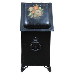 Antique Victorian Black Tin Tole Fireplace Hearthware Coal Scuttle Bin Hod 24"