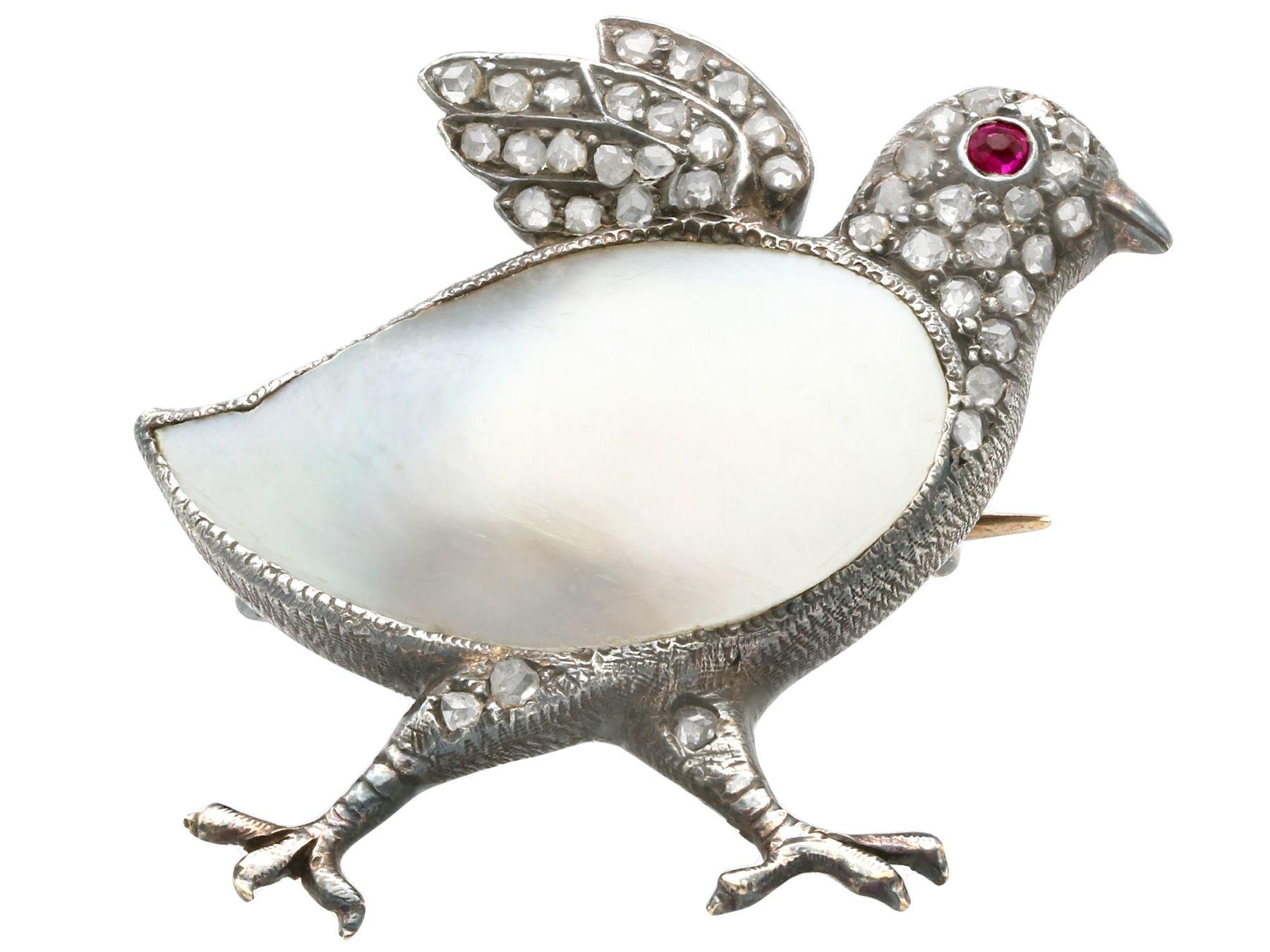 Round Cut Antique Victorian Blister Pearl Ruby and Diamond Yellow Gold Chick Brooch For Sale