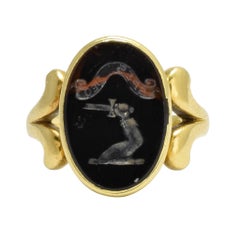 Antique Victorian Bloodstone "Broken Sword" Heraldic Intaglio Signet Ring