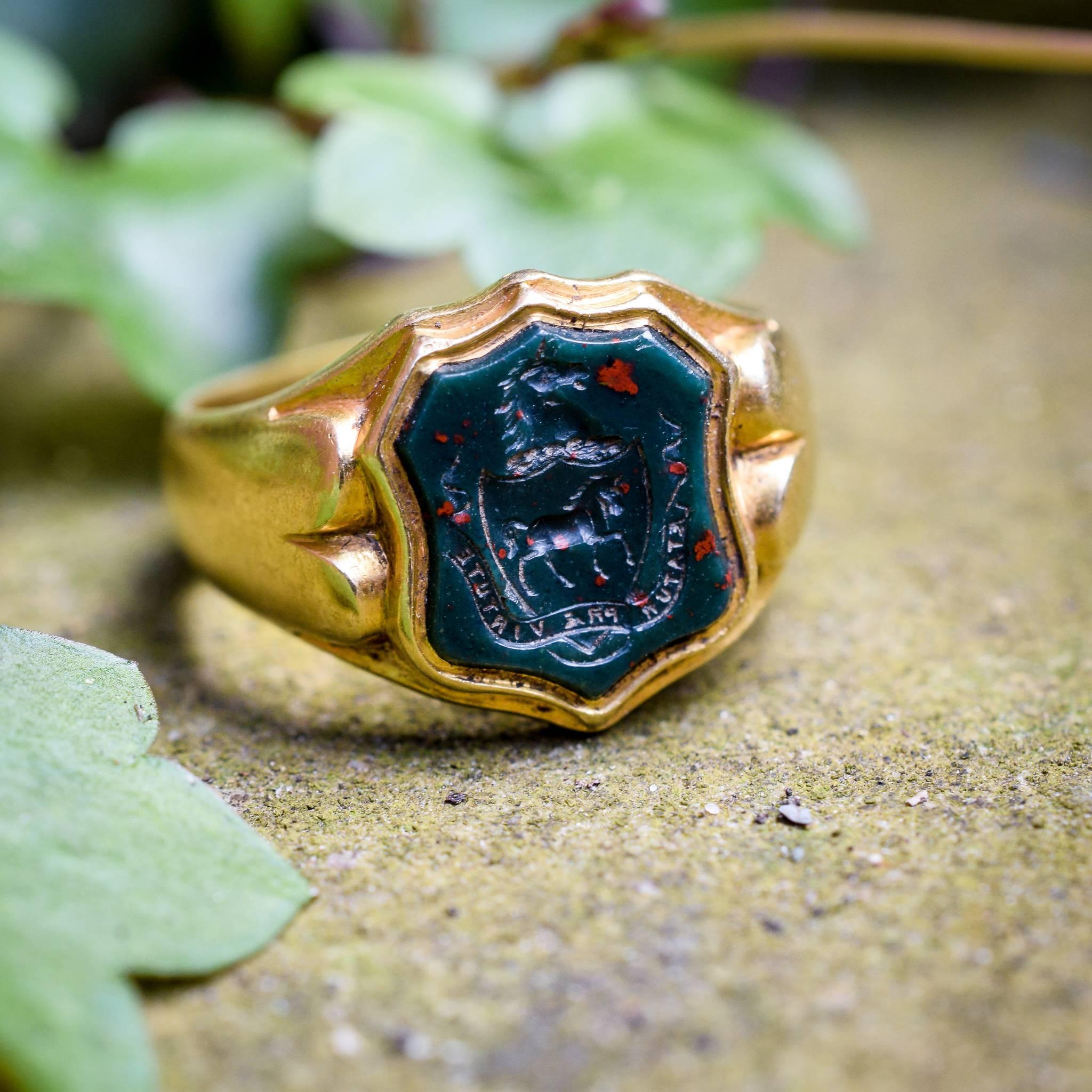Women's or Men's Antique Victorian Bloodstone Horse Intaglio Gold Signet Ring