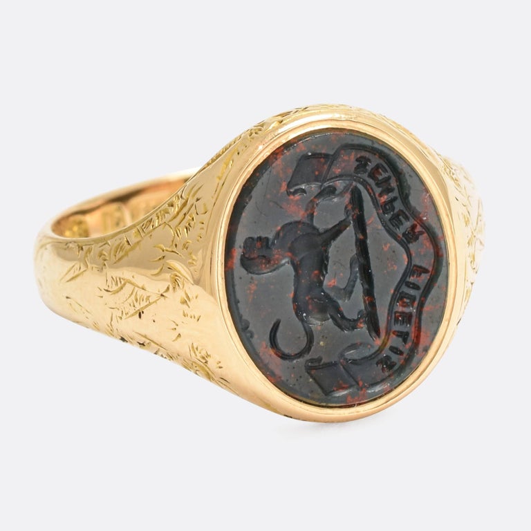 Antique Victorian Bloodstone Talbot Dog Intaglio Ring "Always