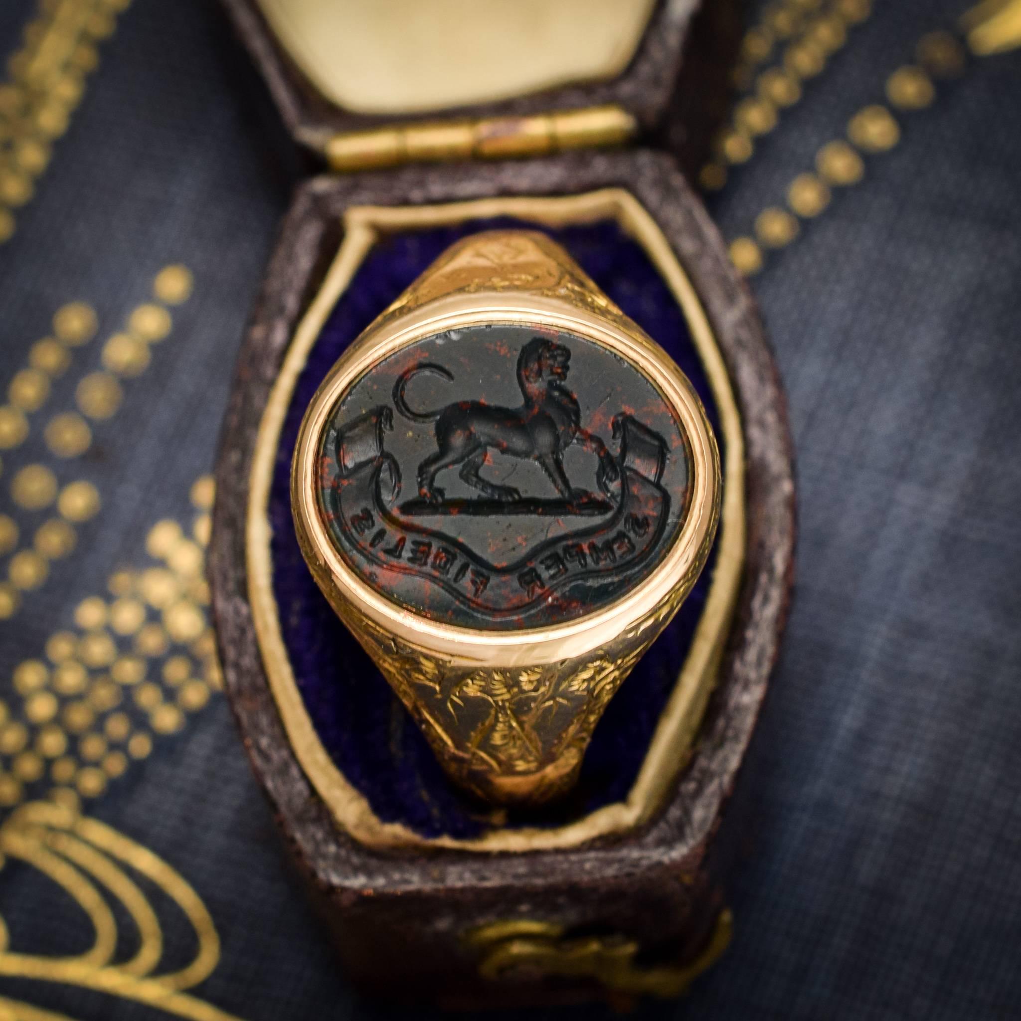 Antique Victorian Bloodstone Talbot Dog Intaglio Signet Ring 