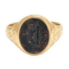 Bague Signet Victorienne Antique en pierre de sang Talbot Dog Intaglio "Always Faithful" (Toujours Fidèle)