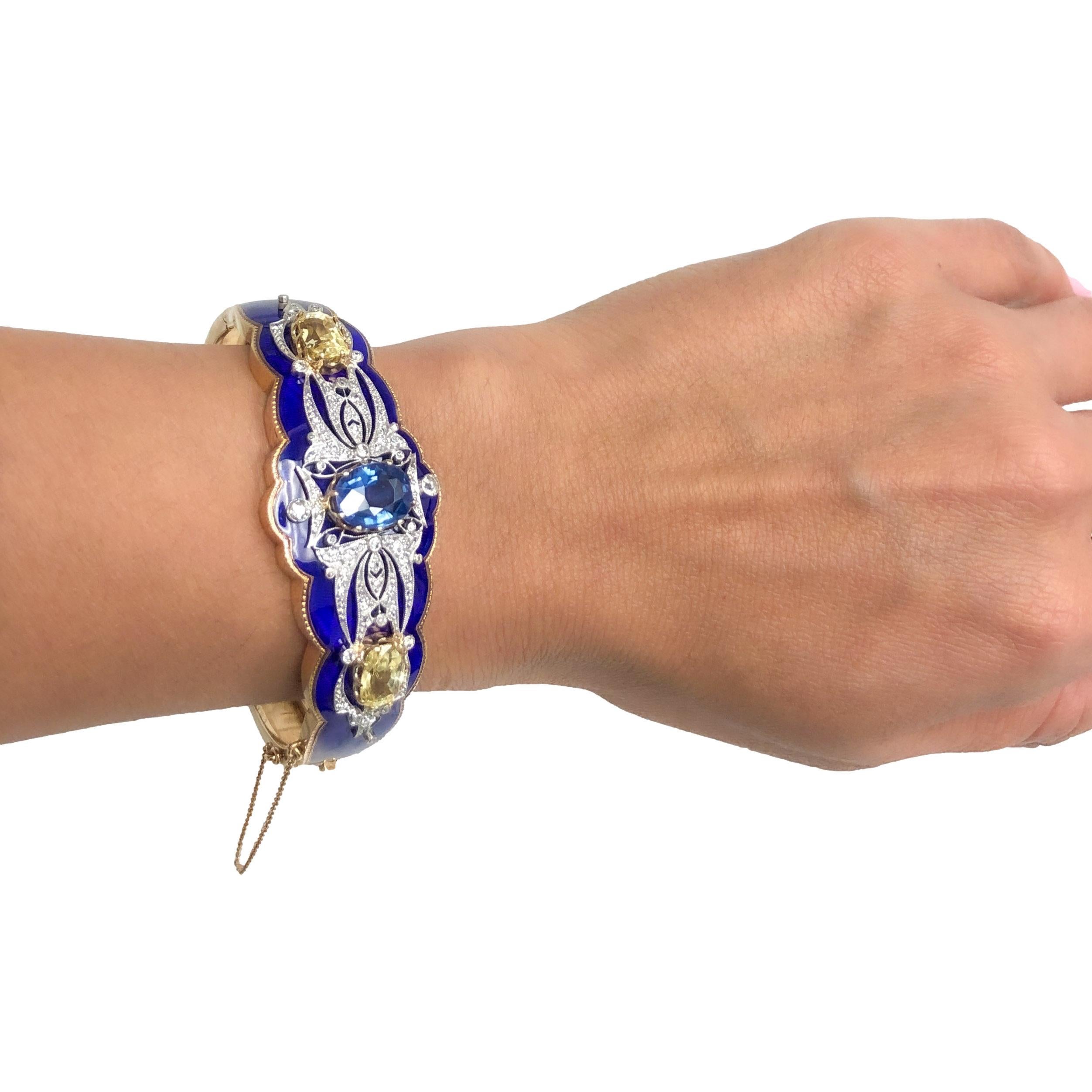 Antique Victorian Blue Enamel Bangle 3.48 Ct Burma No-Heat Sapphire 14KY Gold In Good Condition In New York, NY