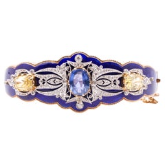 Antique Victorian Blue Enamel Bangle 3.48 Ct Burmese No-Heat Sapphire 14KY Gold