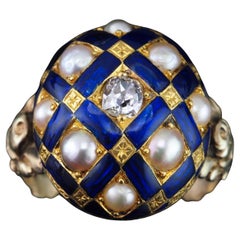 Antique Victorian Blue Enamel, Diamond & Pearl Ring 14K Gold - c.1860