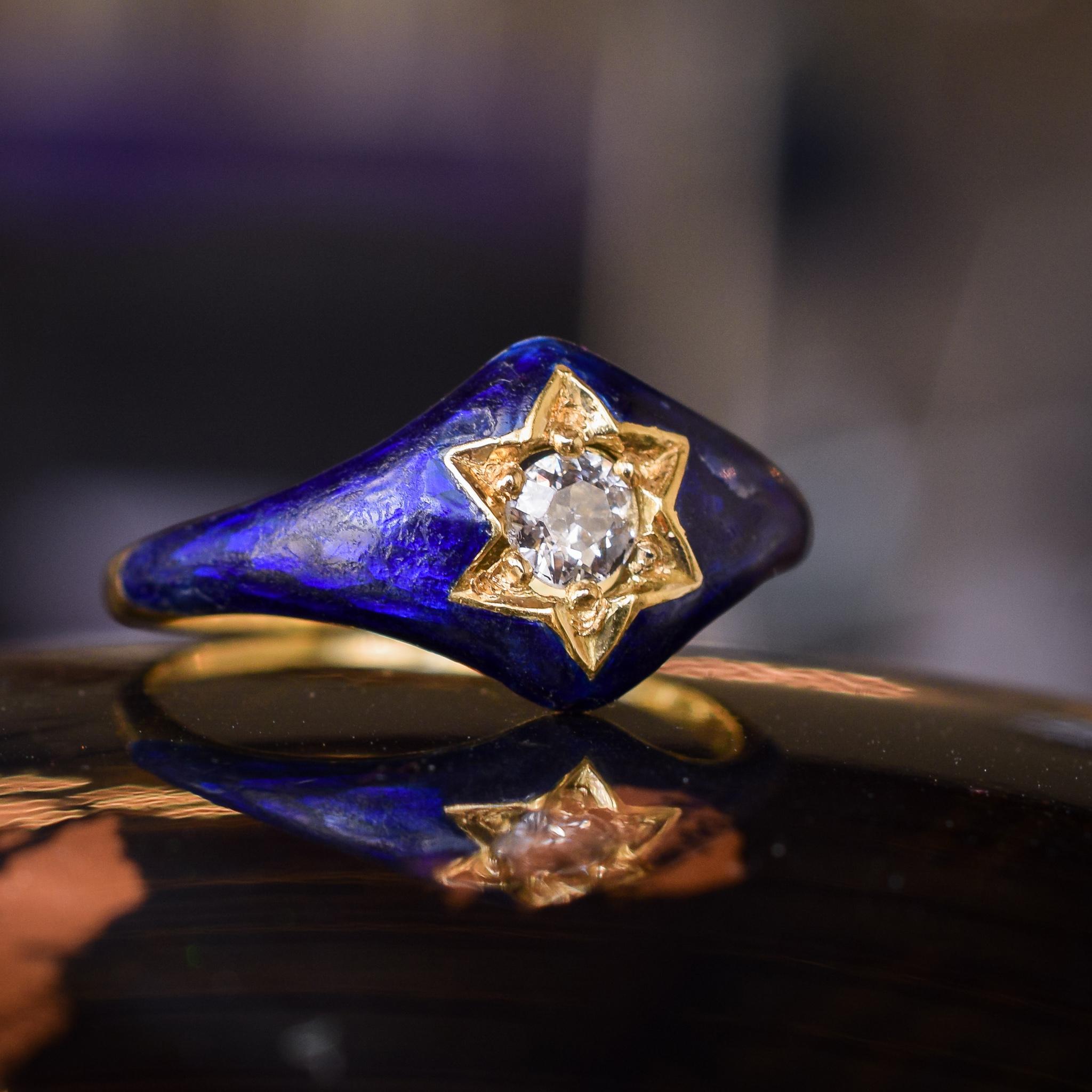 Antique Victorian Blue Enamel Diamond Star Ring 1