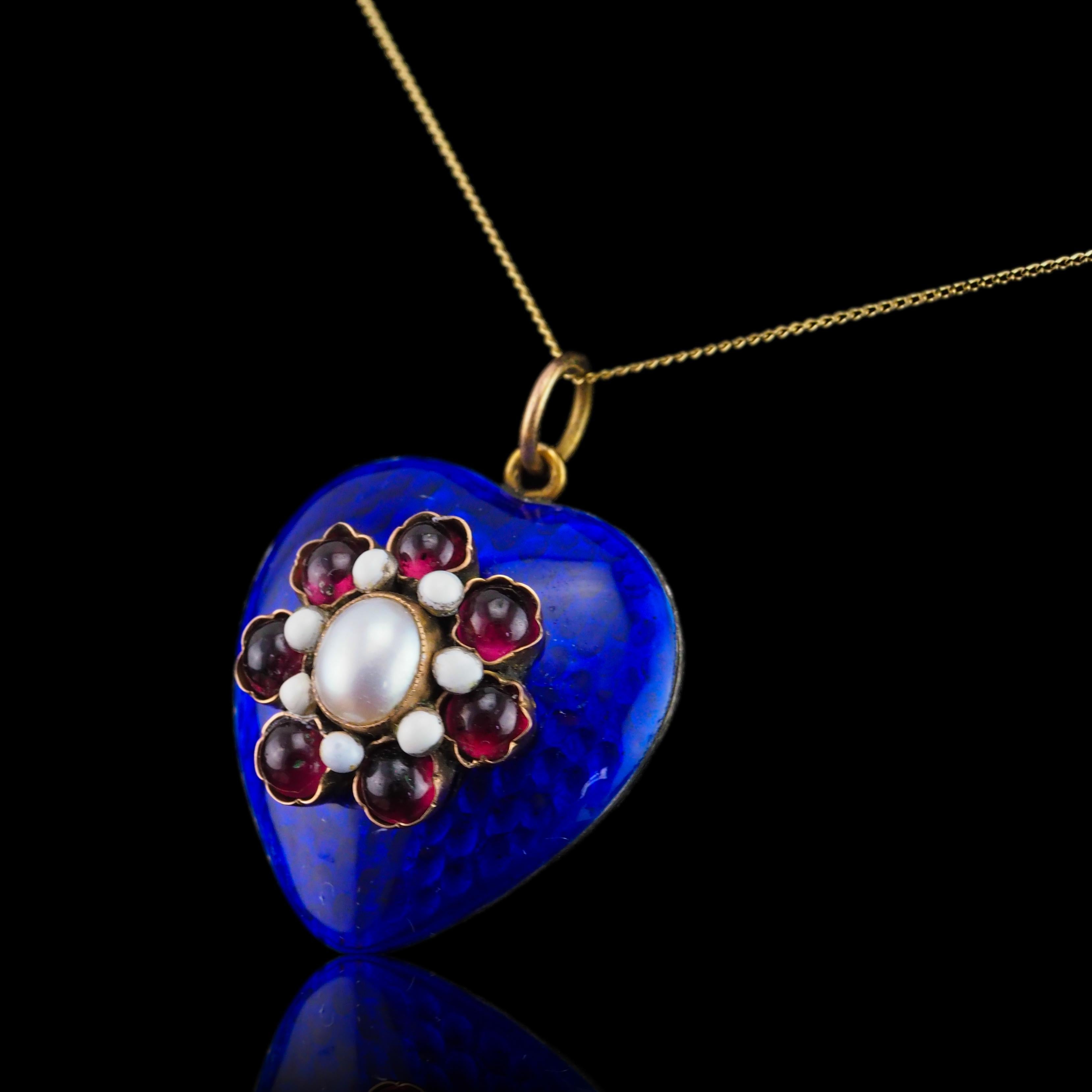 Antique Victorian Blue Enamel Garnet Heart Necklace 'Puffy' Pendant - c.1900 For Sale 5