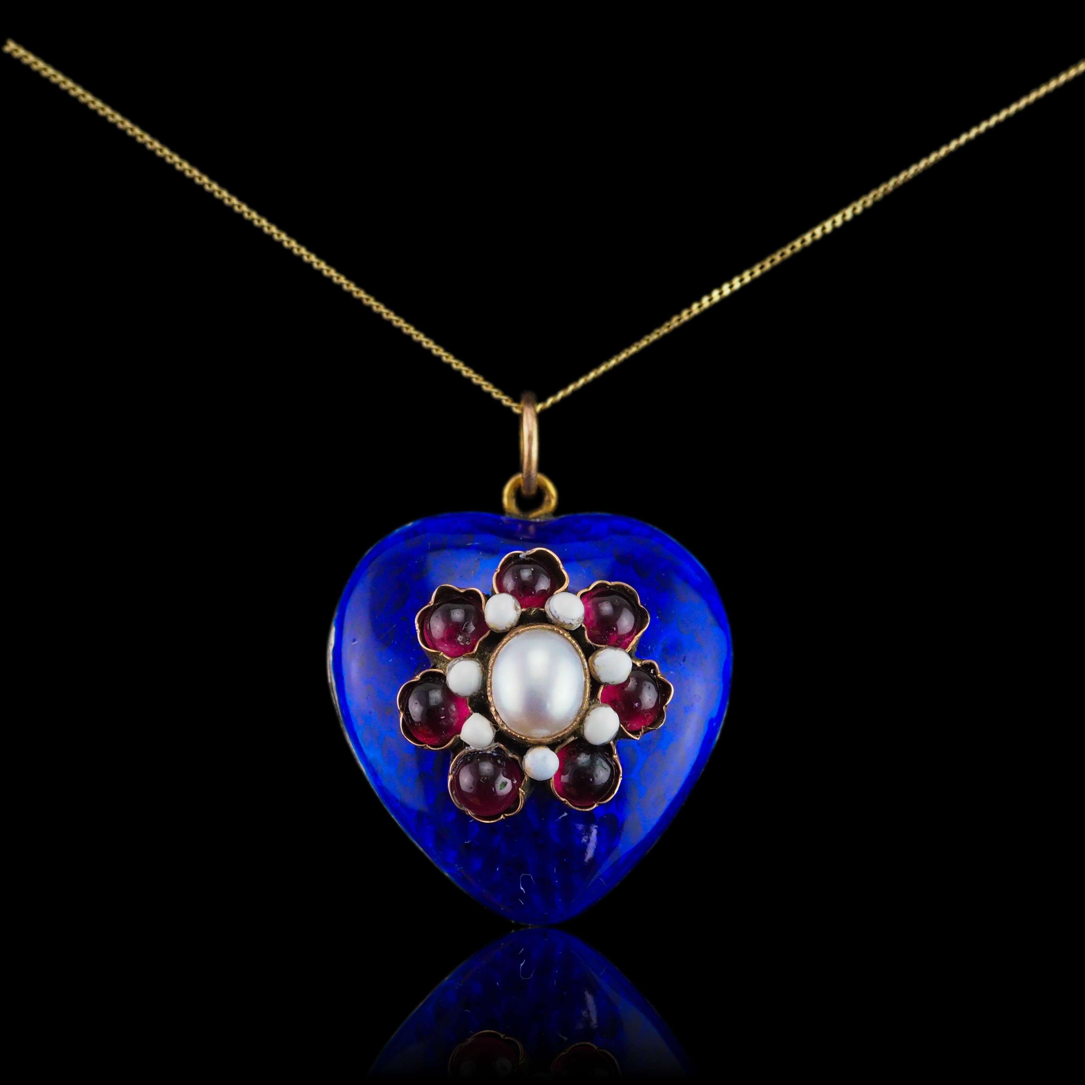 Antique Victorian Blue Enamel Garnet Heart Necklace 'Puffy' Pendant - c.1900 For Sale 6
