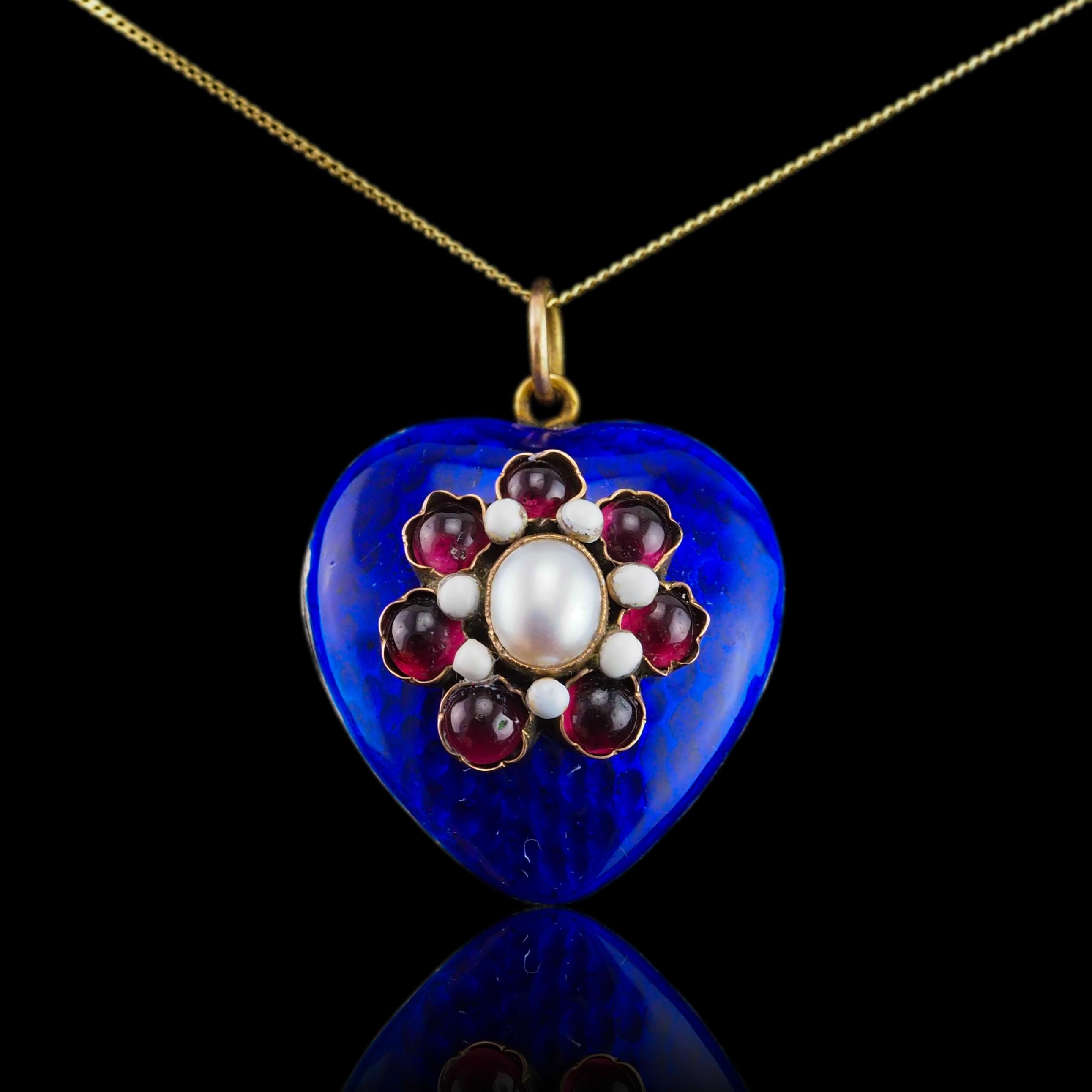 Antique Victorian Blue Enamel Garnet Heart Necklace 'Puffy' Pendant - c.1900 7