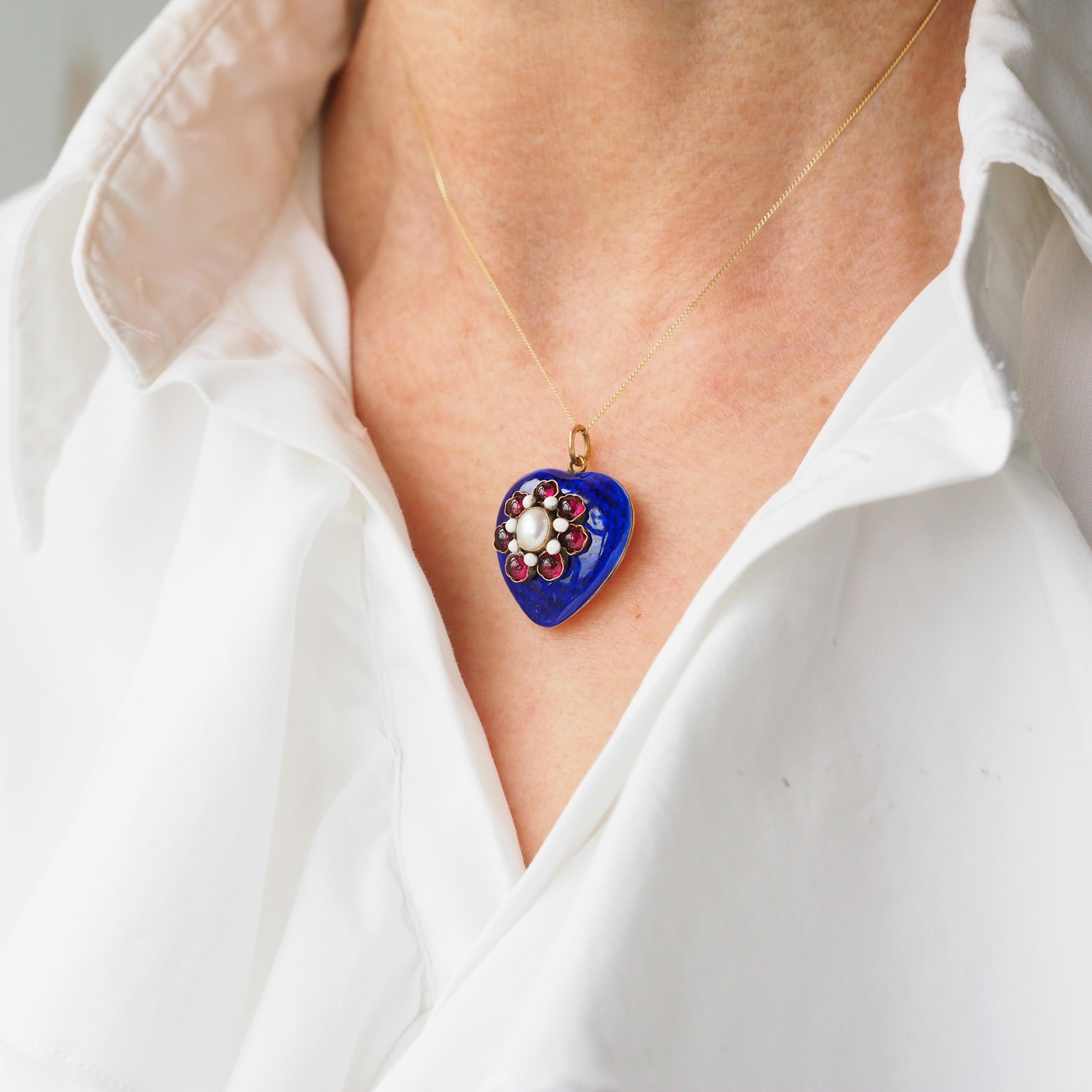 Antique Victorian Blue Enamel Garnet Heart Necklace 'Puffy' Pendant - c.1900 8