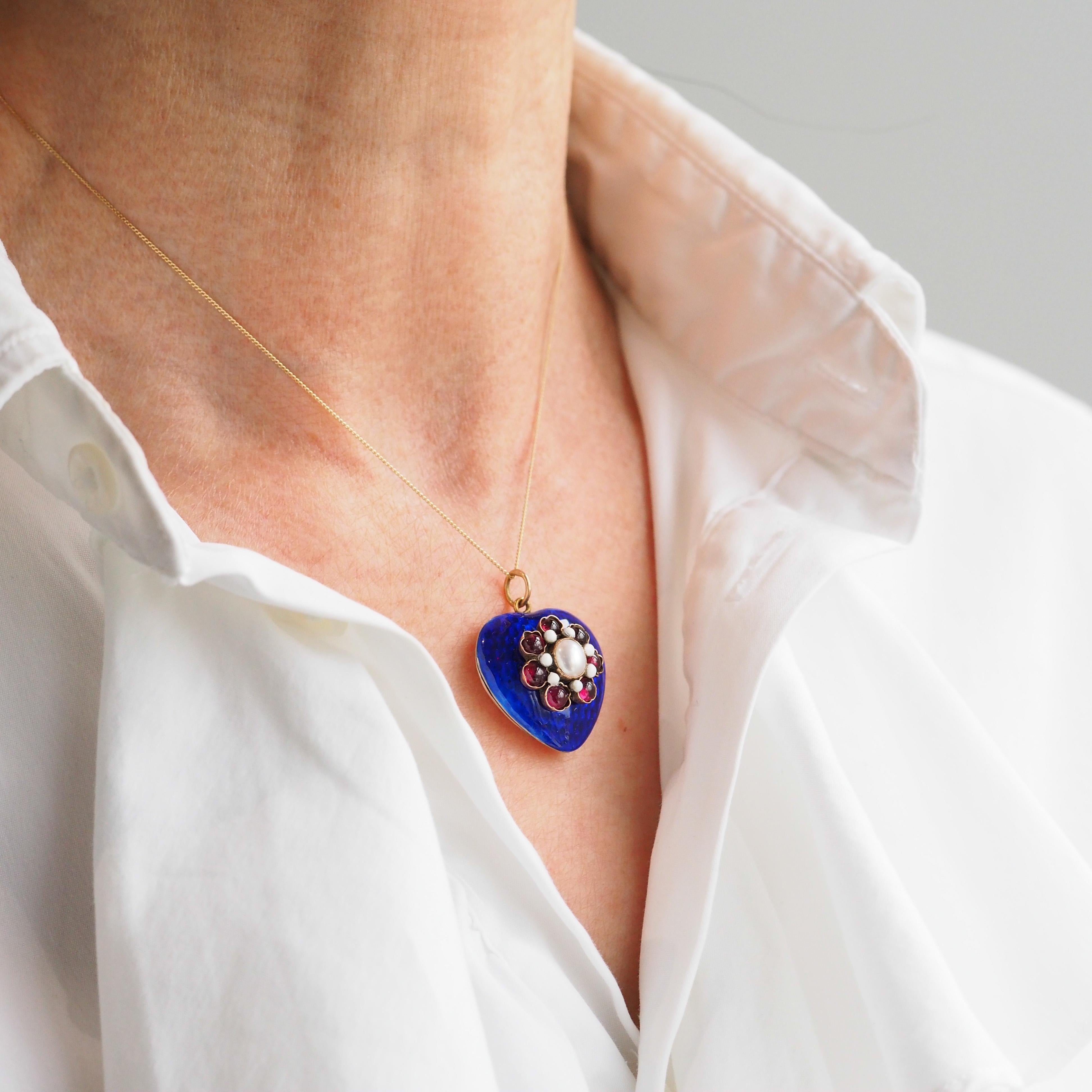 Antique Victorian Blue Enamel Garnet Heart Necklace 'Puffy' Pendant - c.1900 11