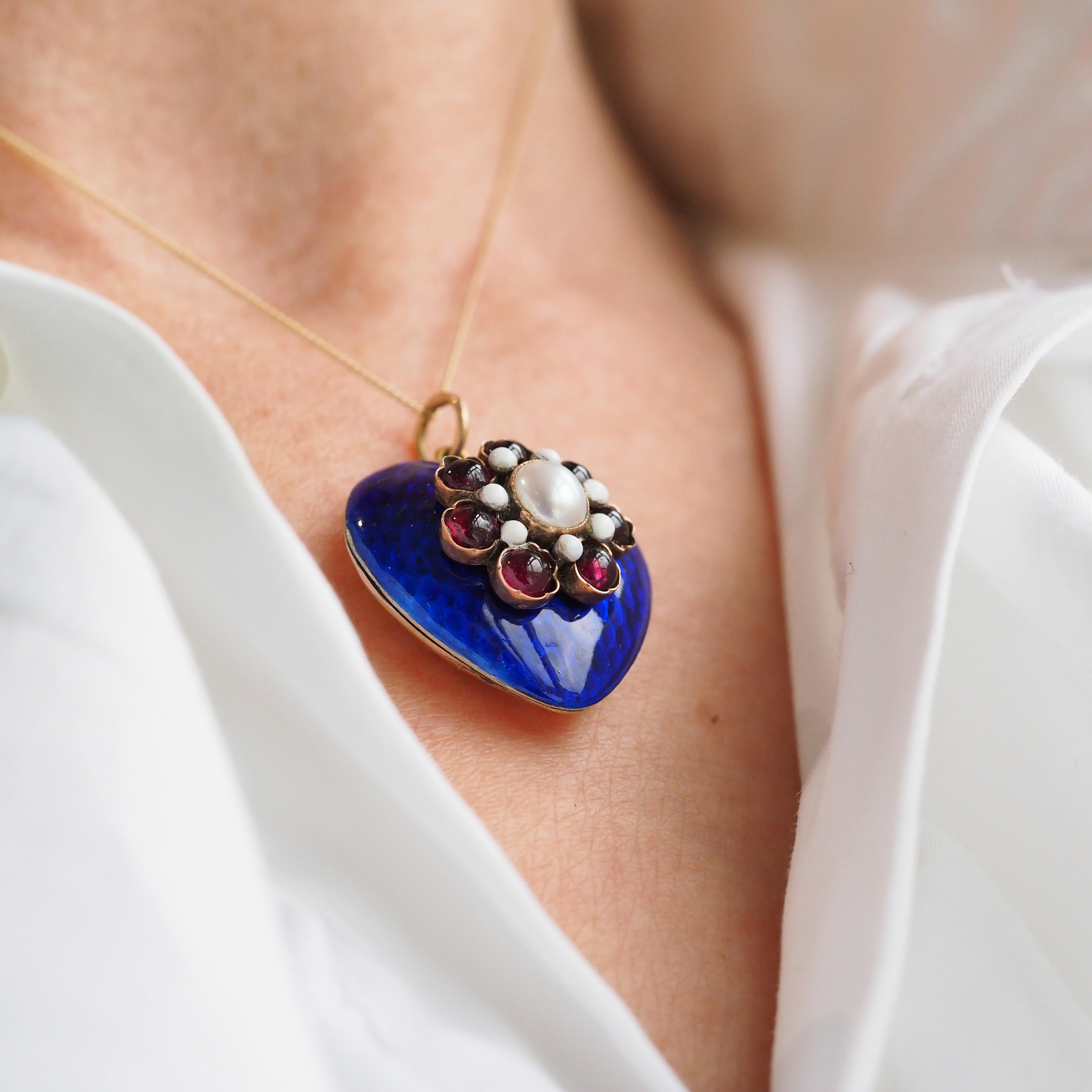 Cabochon Antique Victorian Blue Enamel Garnet Heart Necklace 'Puffy' Pendant - c.1900