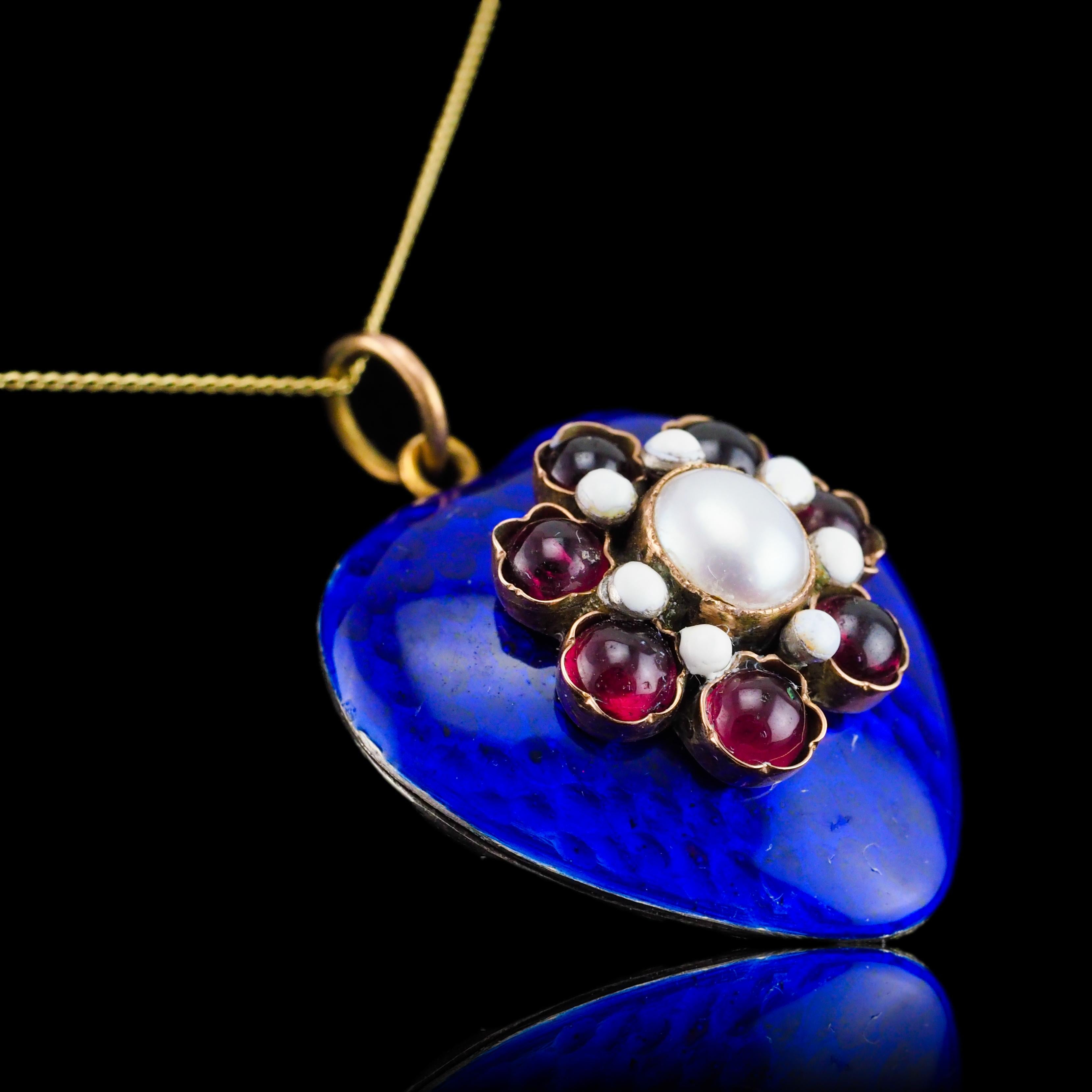 Women's or Men's Antique Victorian Blue Enamel Garnet Heart Necklace 'Puffy' Pendant - c.1900 For Sale