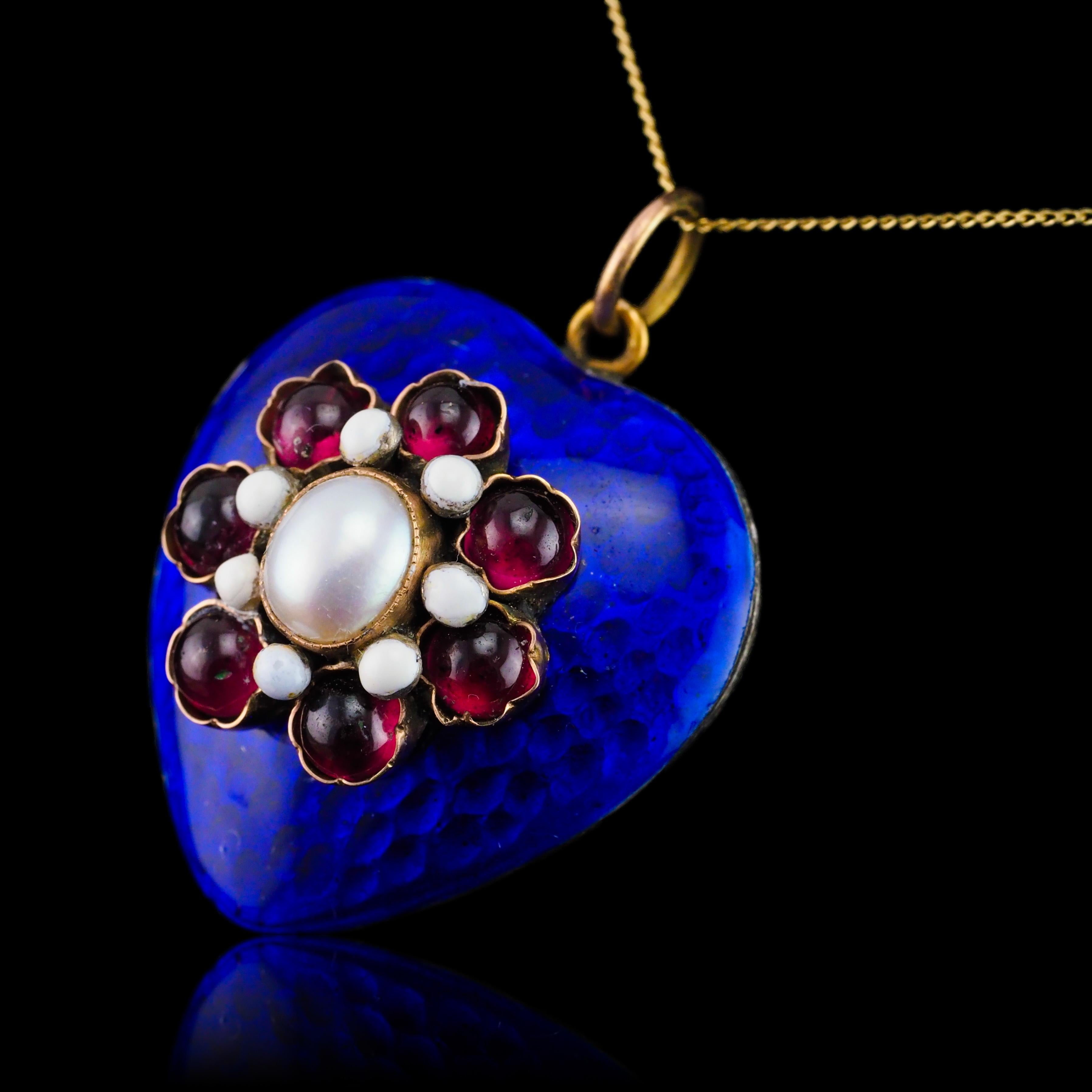 Antique Victorian Blue Enamel Garnet Heart Necklace 'Puffy' Pendant - c.1900 For Sale 1