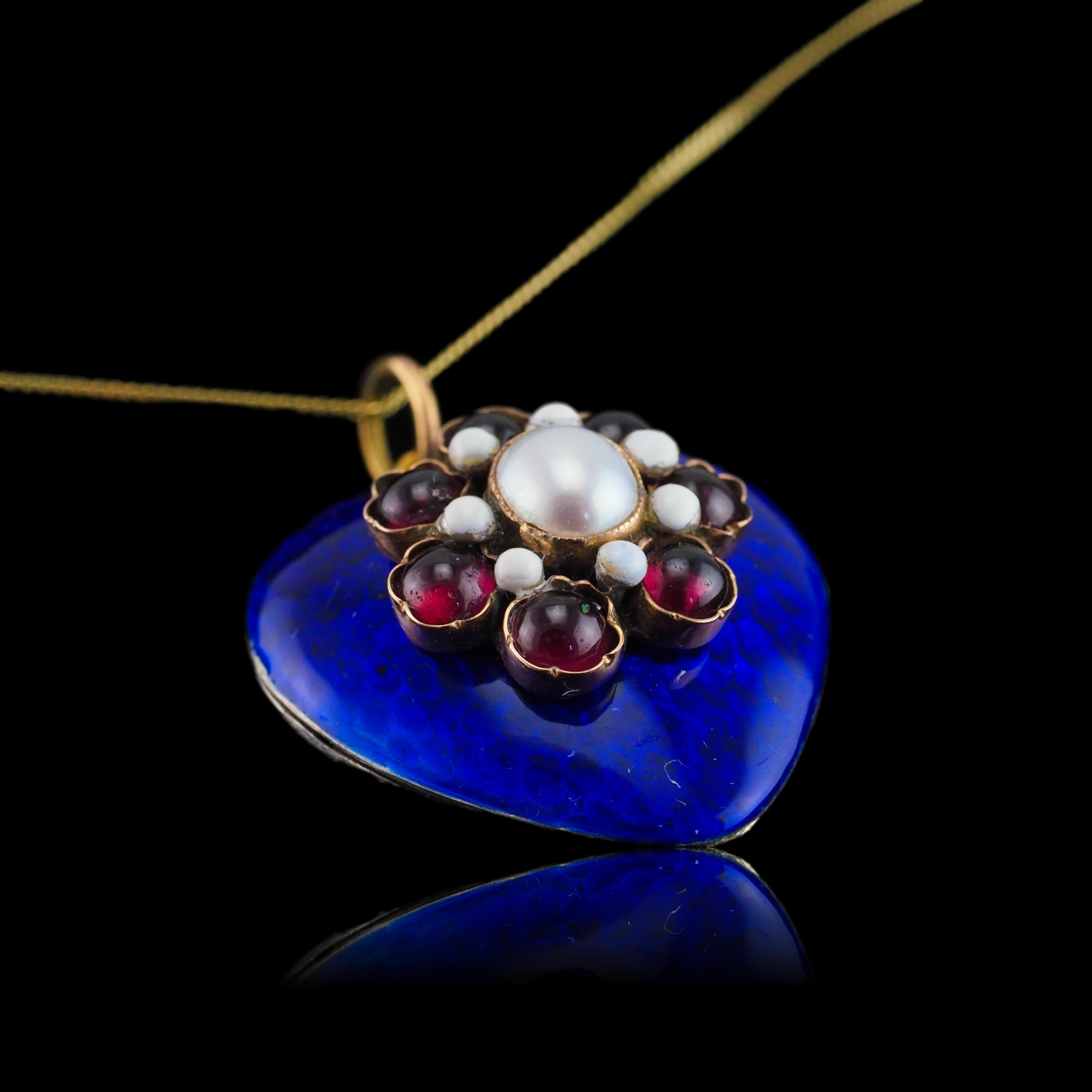 Antique Victorian Blue Enamel Garnet Heart Necklace 'Puffy' Pendant - c.1900 2