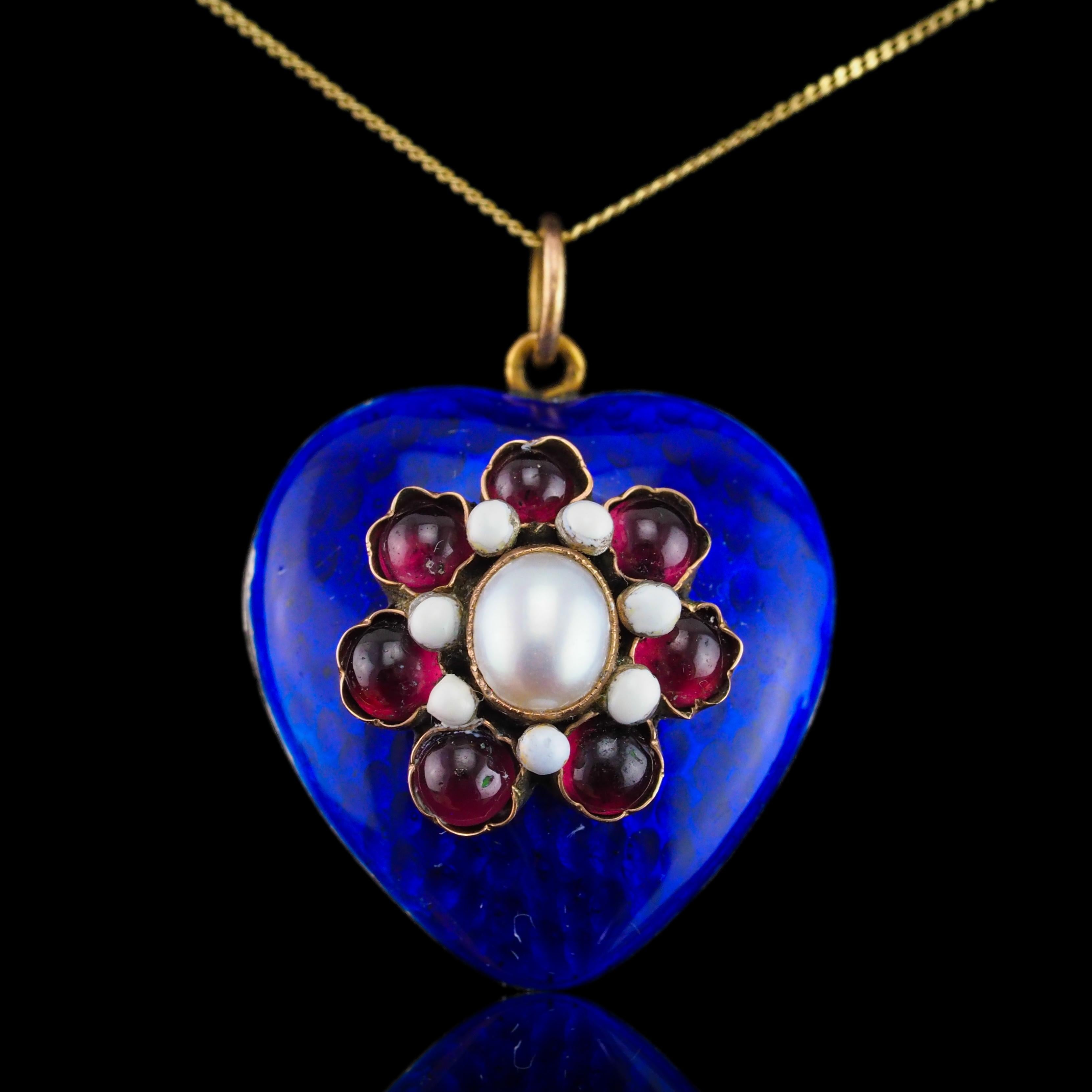 Antique Victorian Blue Enamel Garnet Heart Necklace 'Puffy' Pendant - c.1900 4