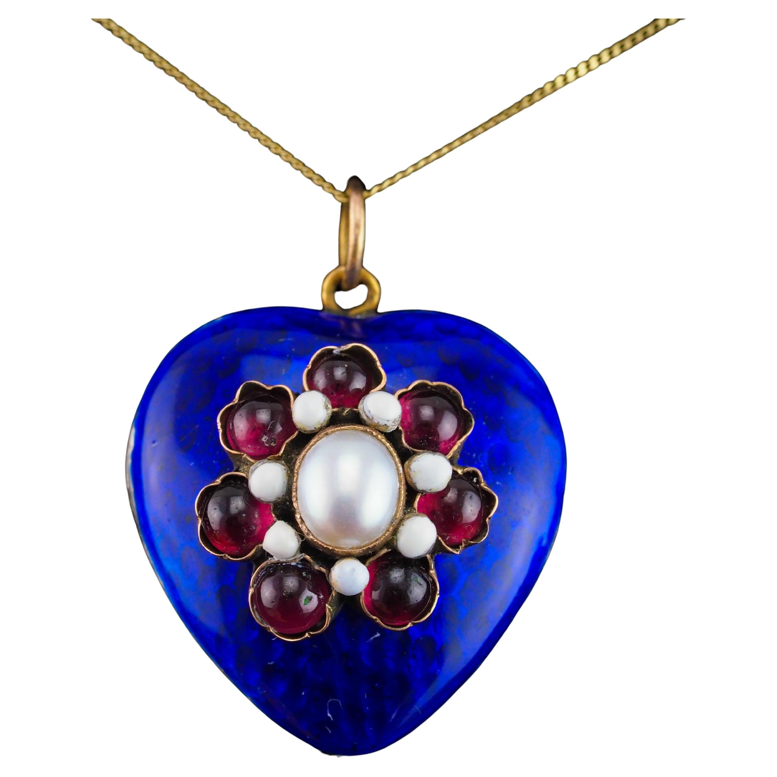 Antique Victorian Blue Enamel Garnet Heart Necklace 'Puffy' Pendant - c.1900 For Sale