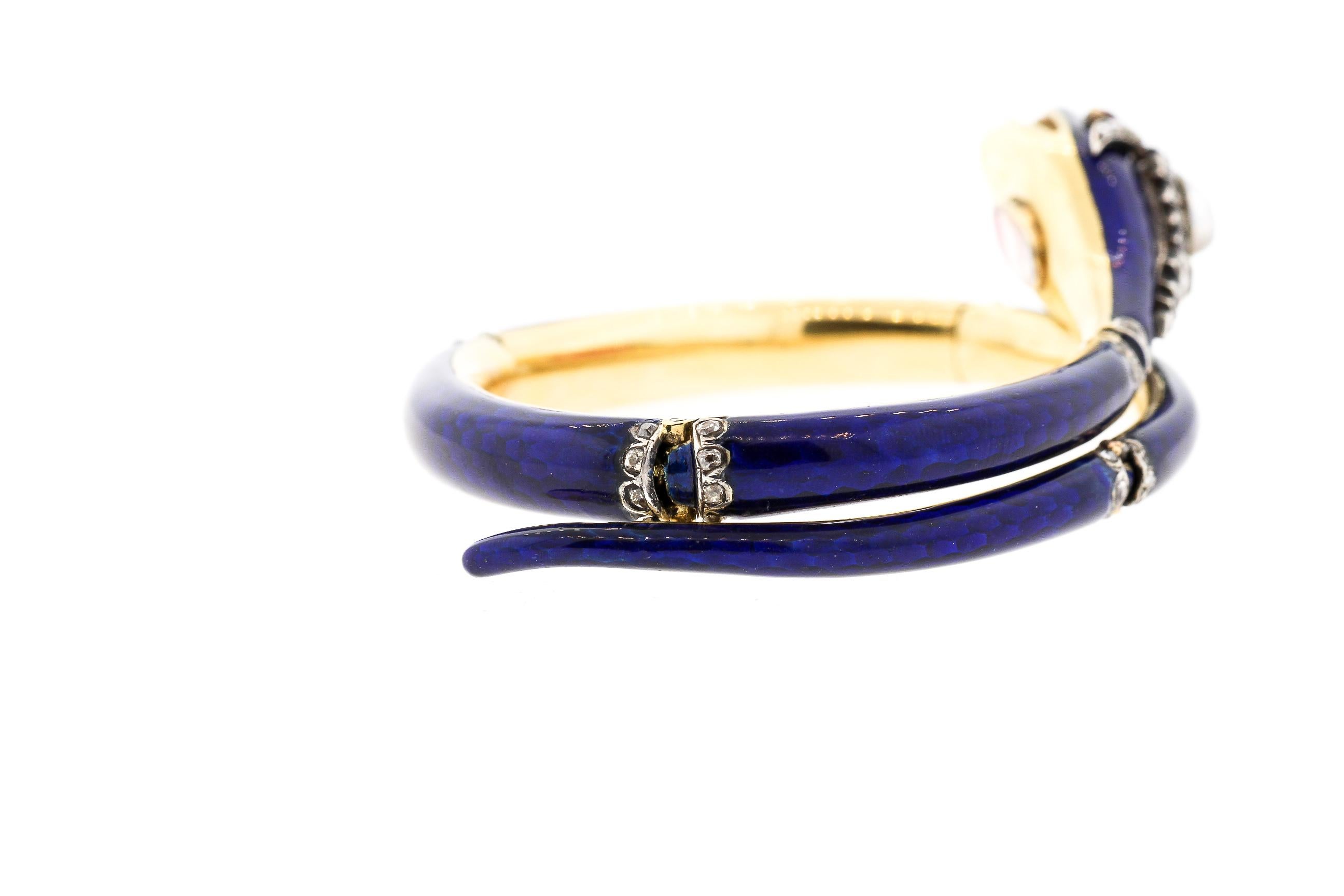 Rose Cut Antique Victorian Blue Enamel Gold Rosecut Diamond Articulated Snake Bracelet