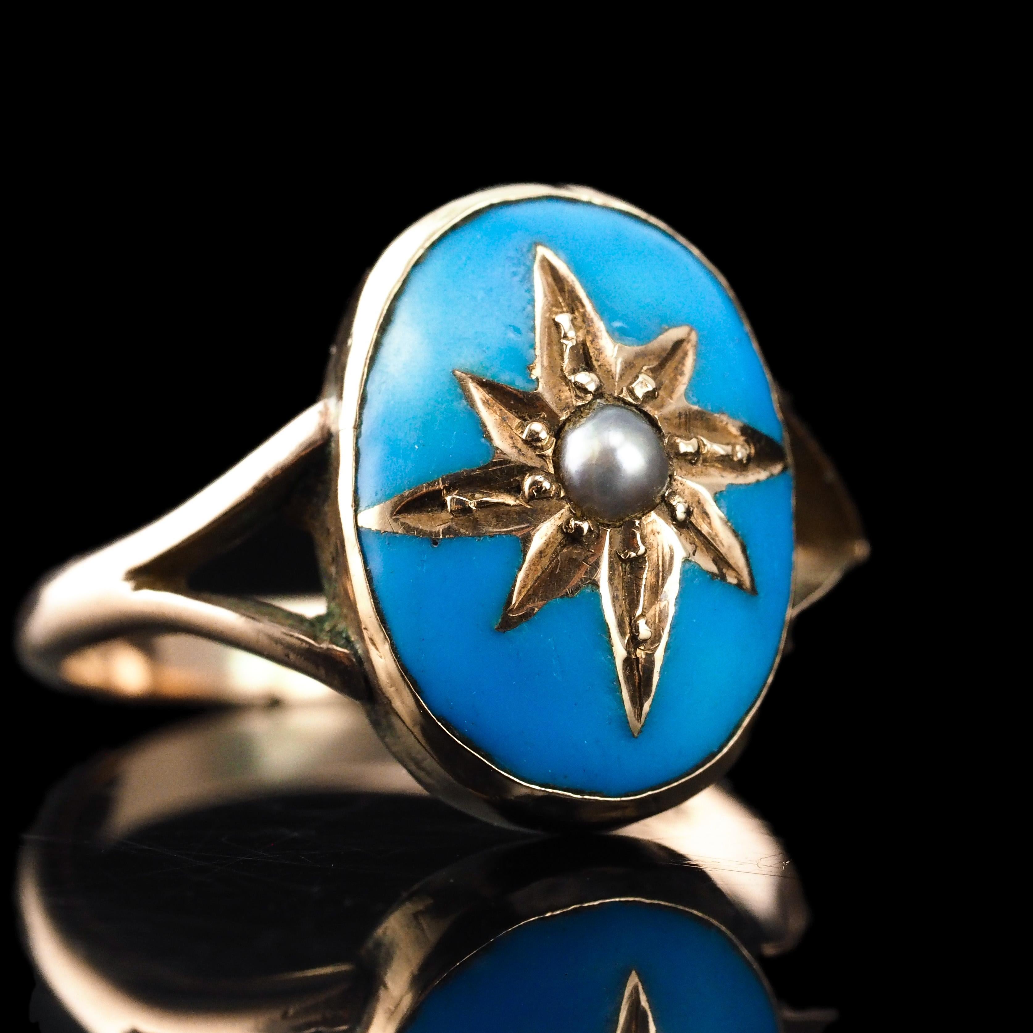 Ancienne bague victorienne en émail bleu et perle étoilée en or 9K - c.1880 en vente 6