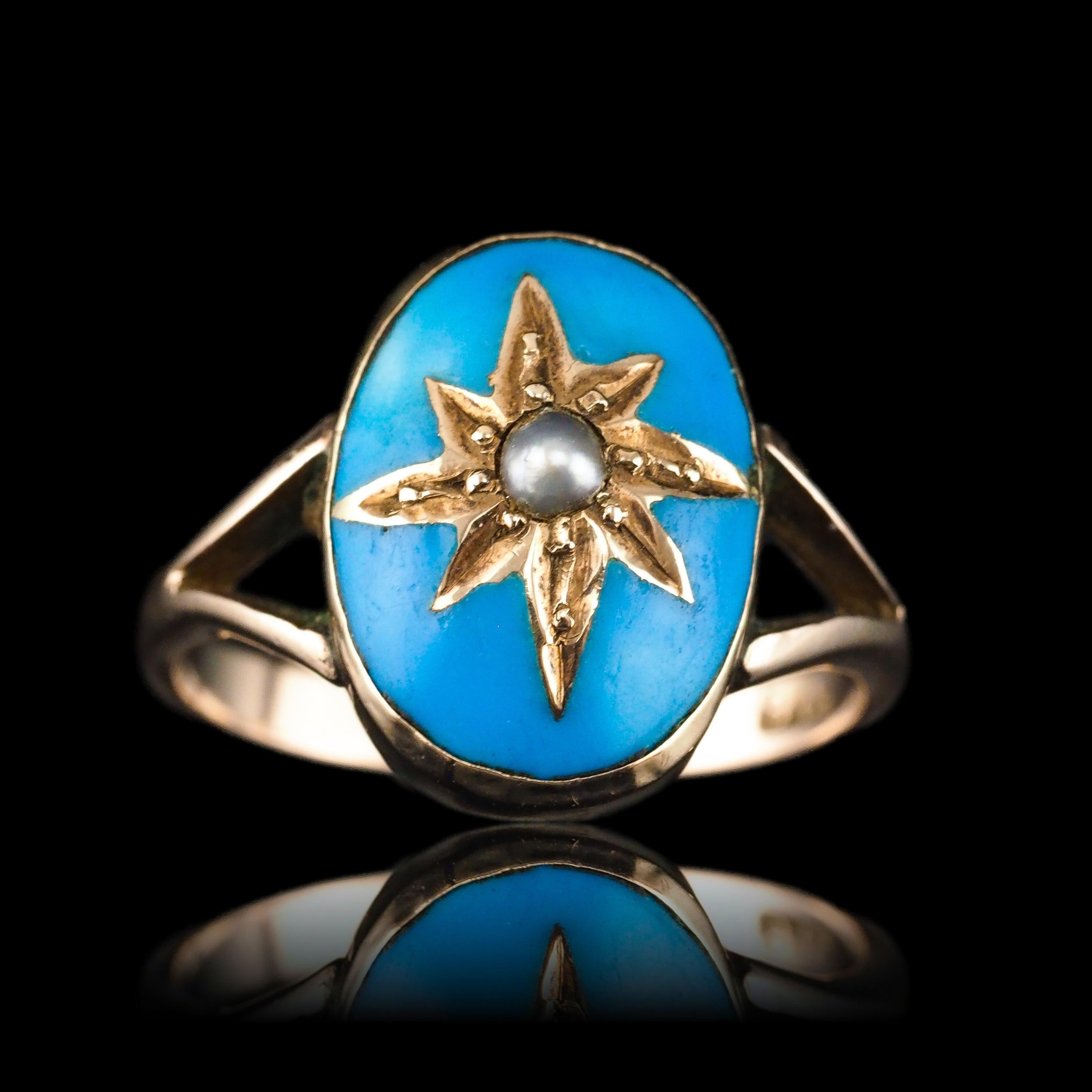 Ancienne bague victorienne en émail bleu et perle étoilée en or 9K - c.1880 en vente 7
